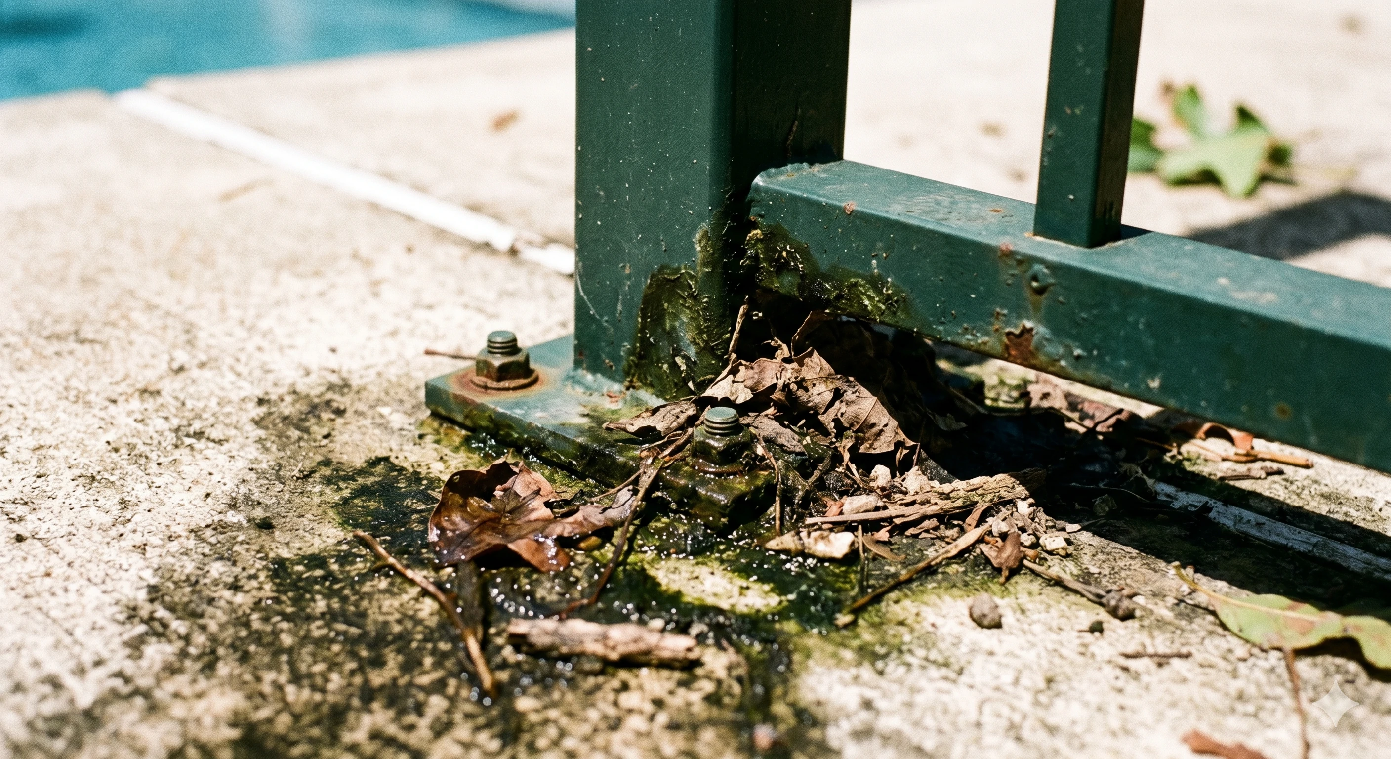 Rusted and corroded base of a green metal pool fence post