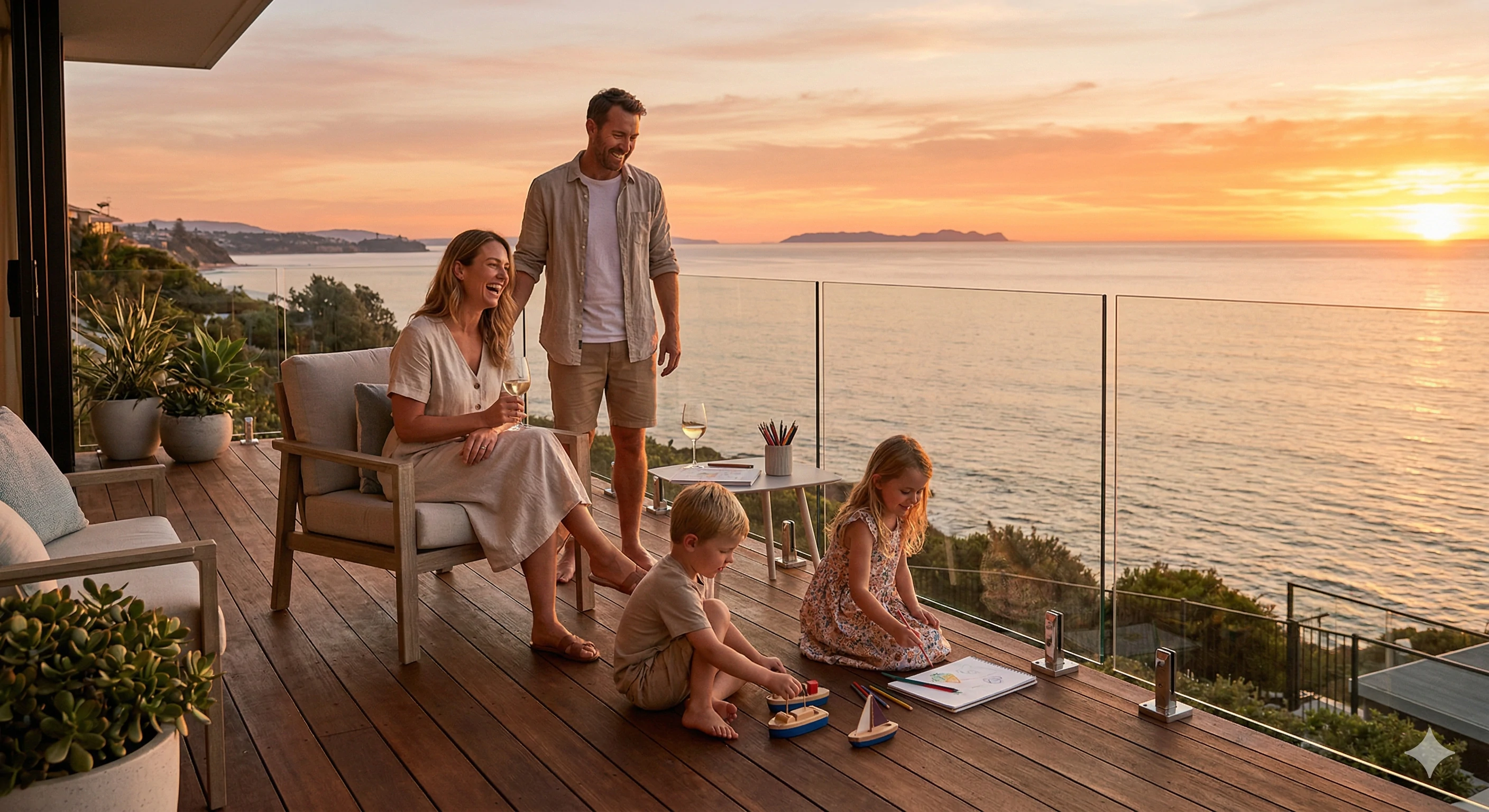 Happy family on a coastal deck with glass balustrades.
