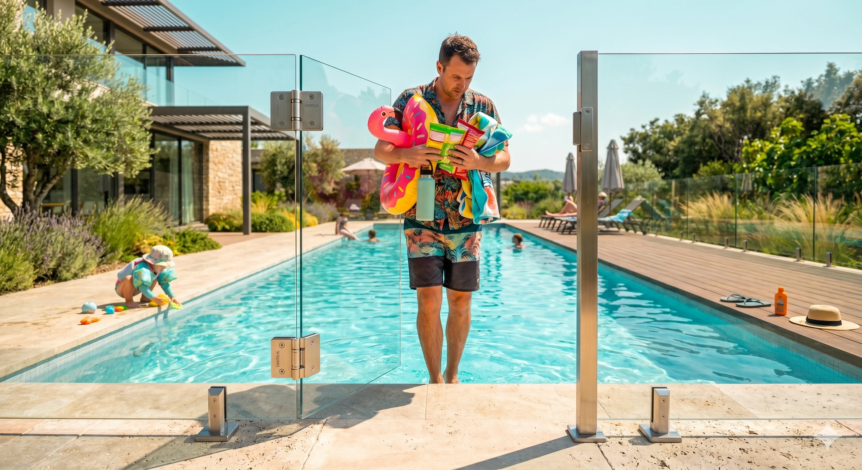 Man carrying pool floats through open self-closing glass pool safety gate