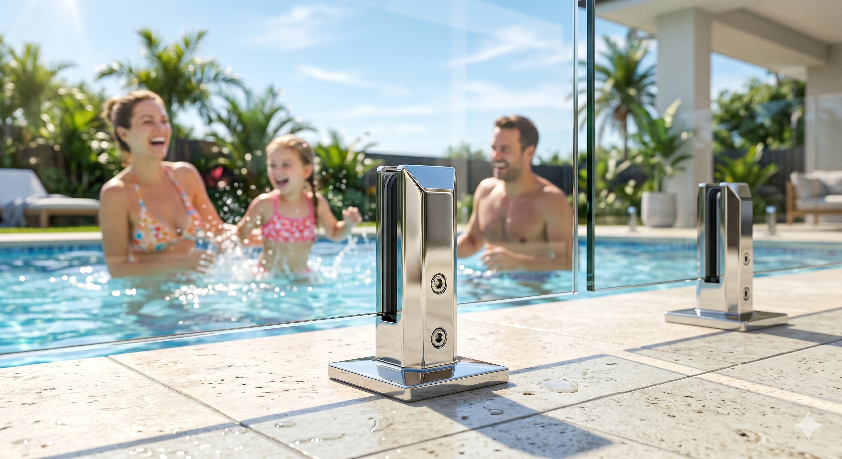 Happy family swimming behind safe frameless glass pool fencing