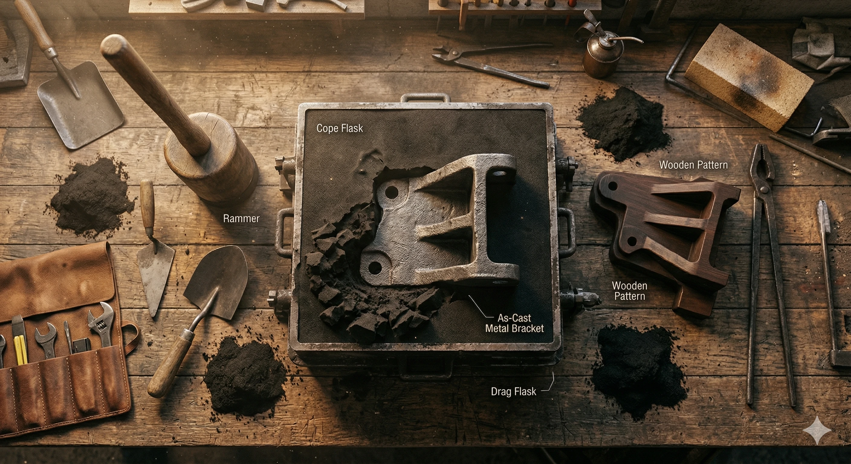 Sand casting mold, flasks, and wooden pattern on workbench