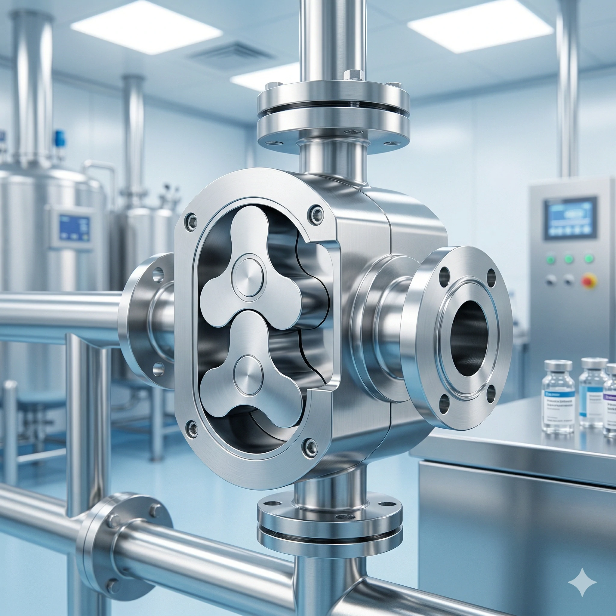 Stainless steel rotary lobe pump mechanism in sterile pharmaceutical manufacturing facility.