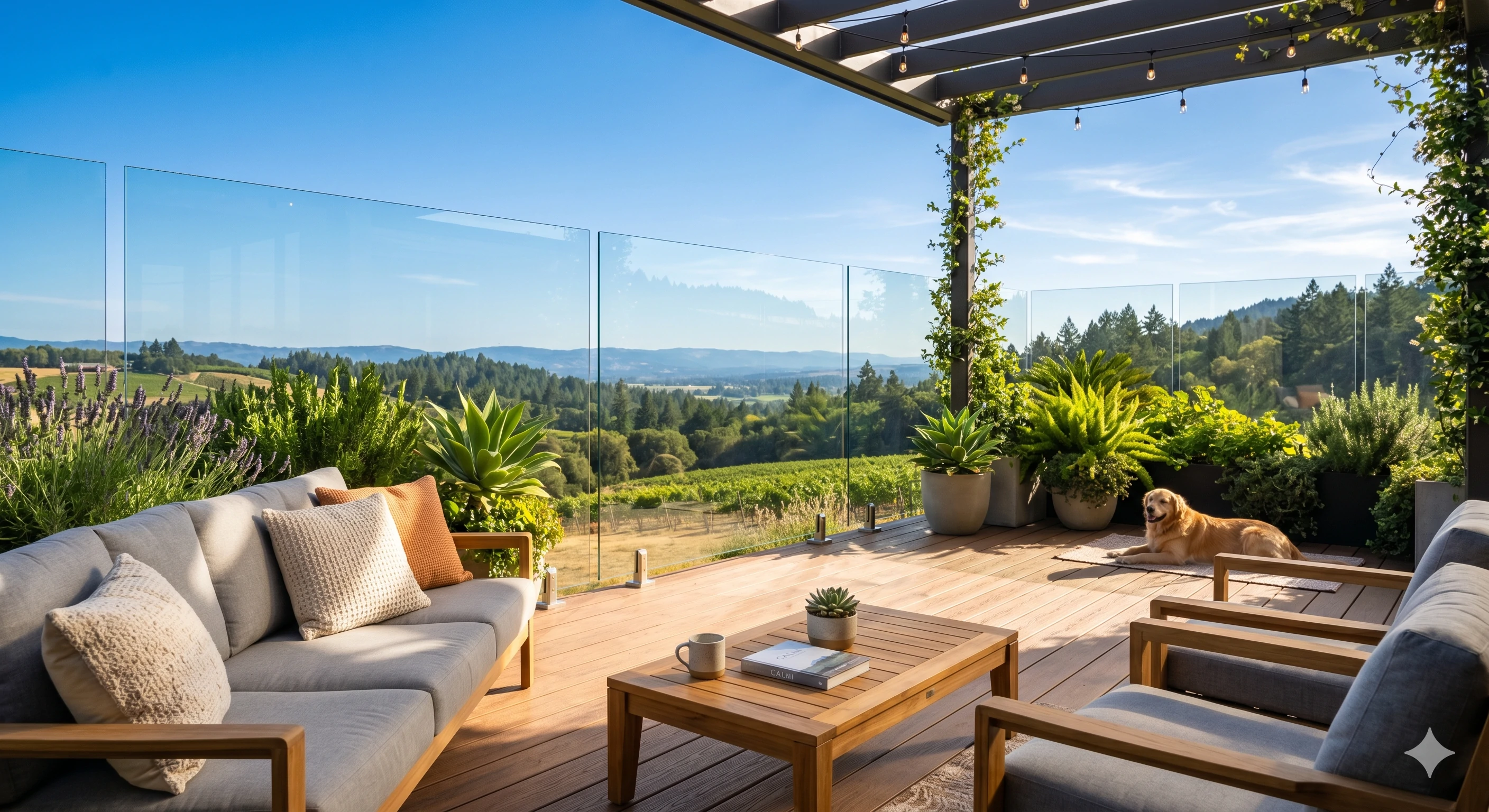 Sunny deck with glass railing, pergola, and resting dog overlooking a vineyard