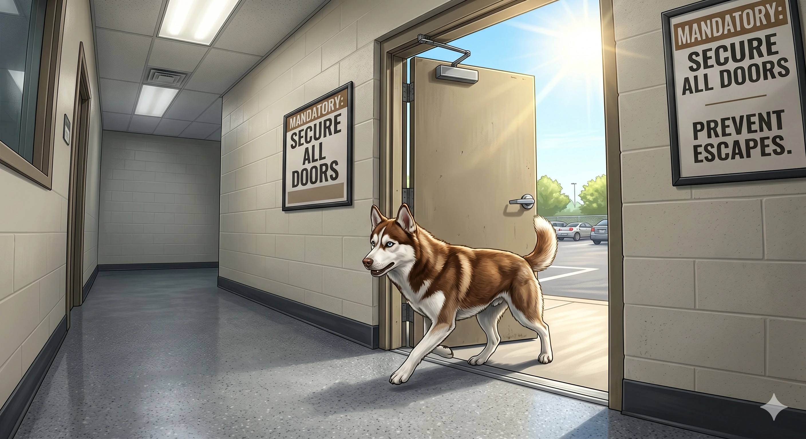 Husky dog escaping through open heavy door in secure hallway