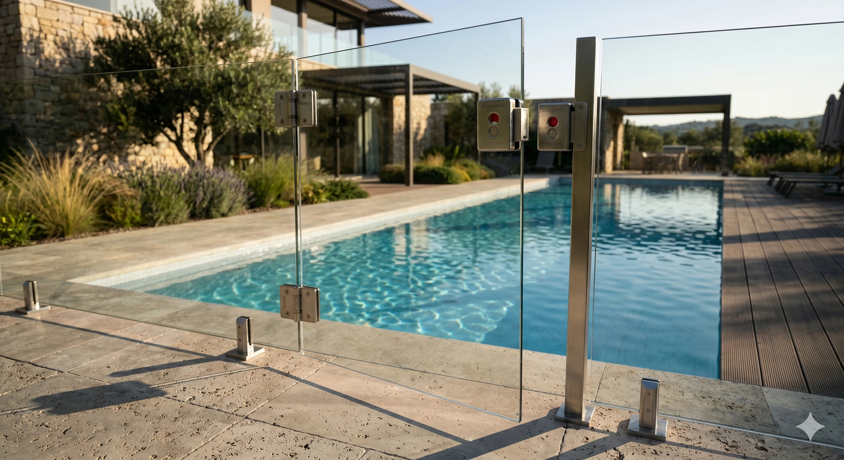 Closed glass pool gate with dual secure latches showing red indicators