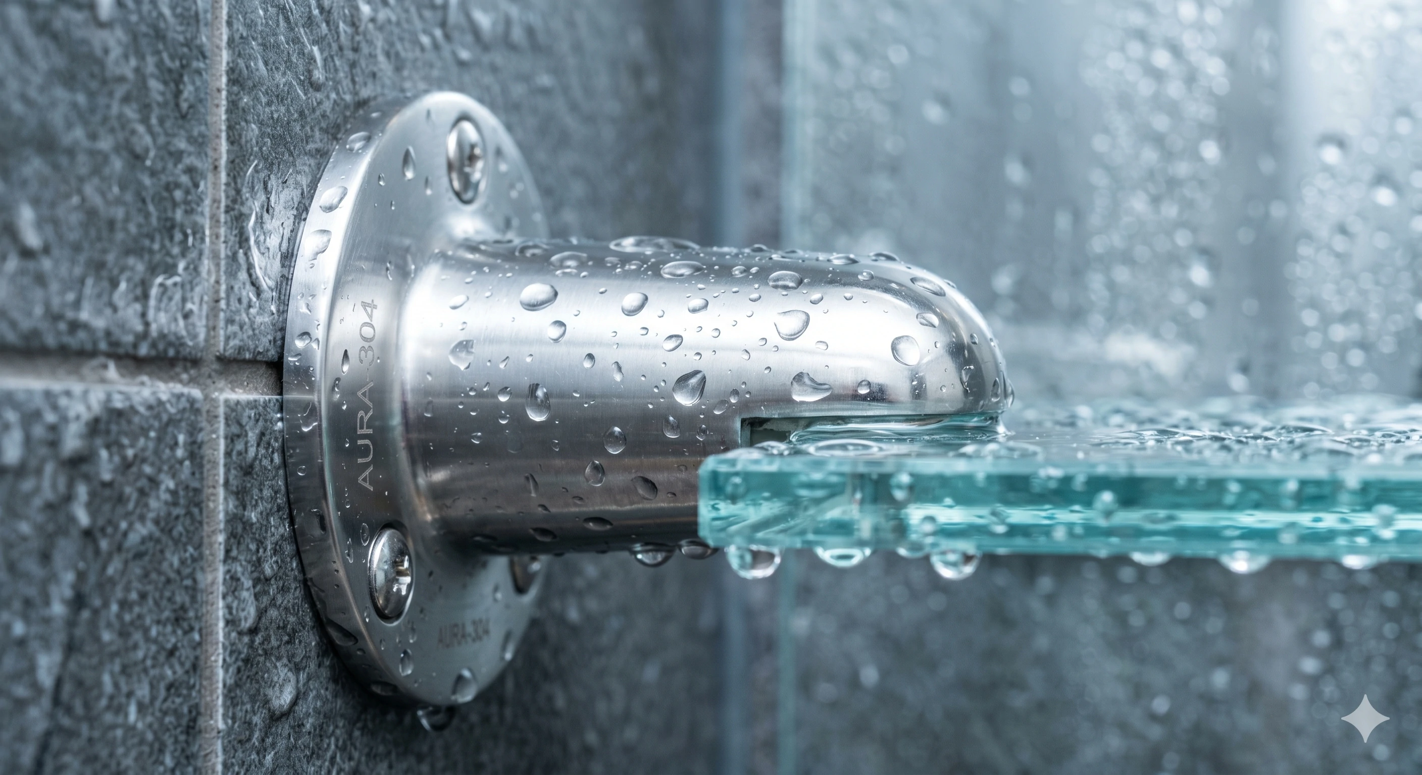 Stainless steel bracket holding wet glass shower shelf close-up