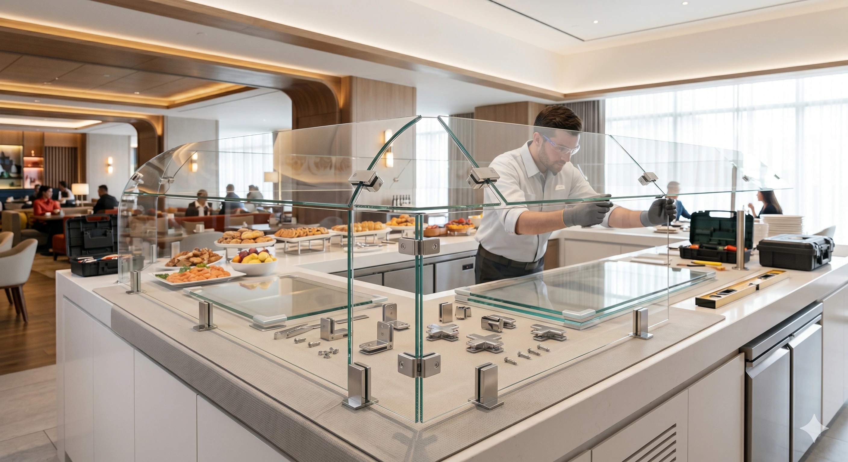 Worker installing glass sneeze guard with stainless steel brackets at buffet.