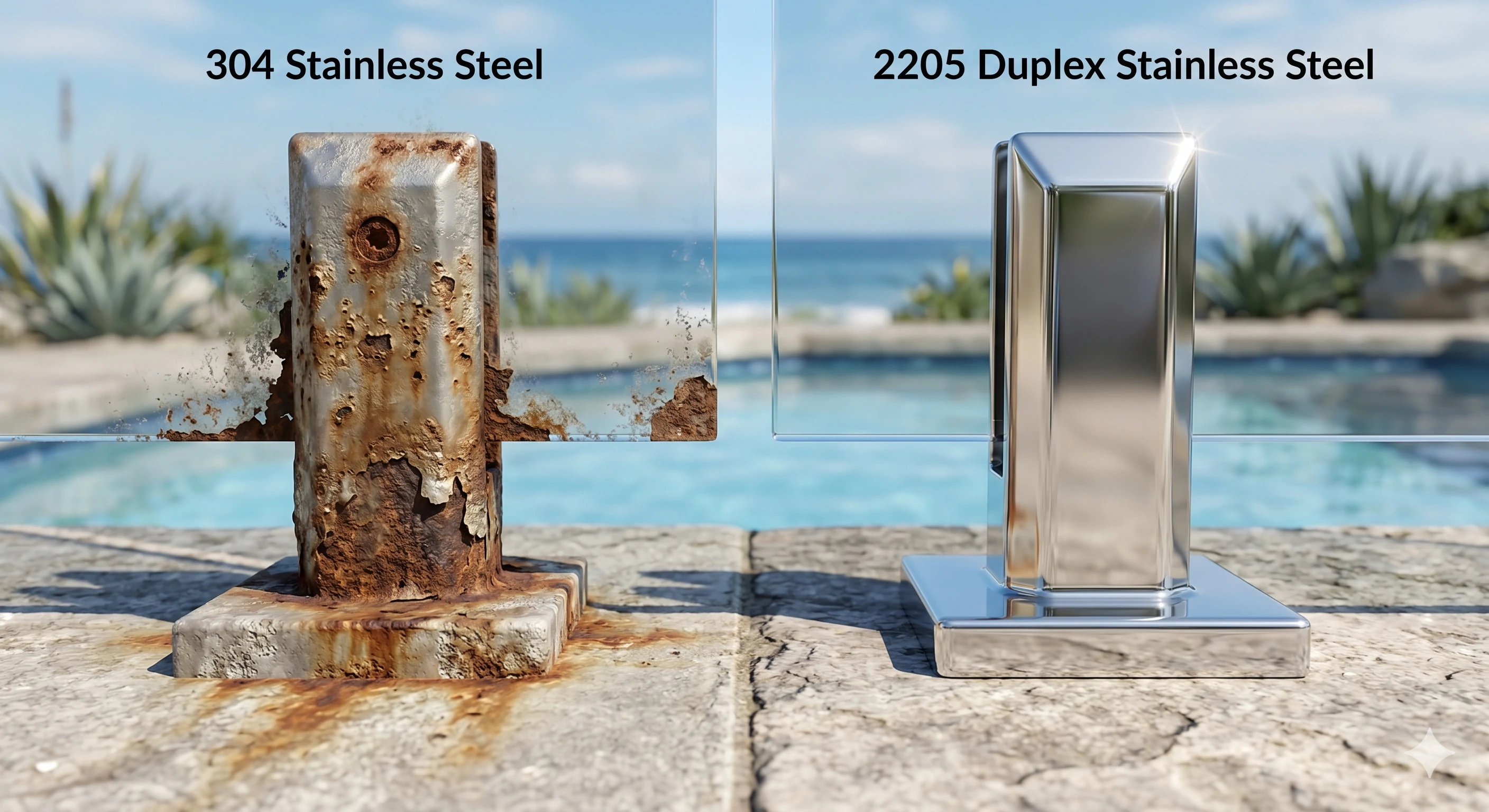 Comparison of rusted 304 stainless steel versus polished 2205 duplex spigot.