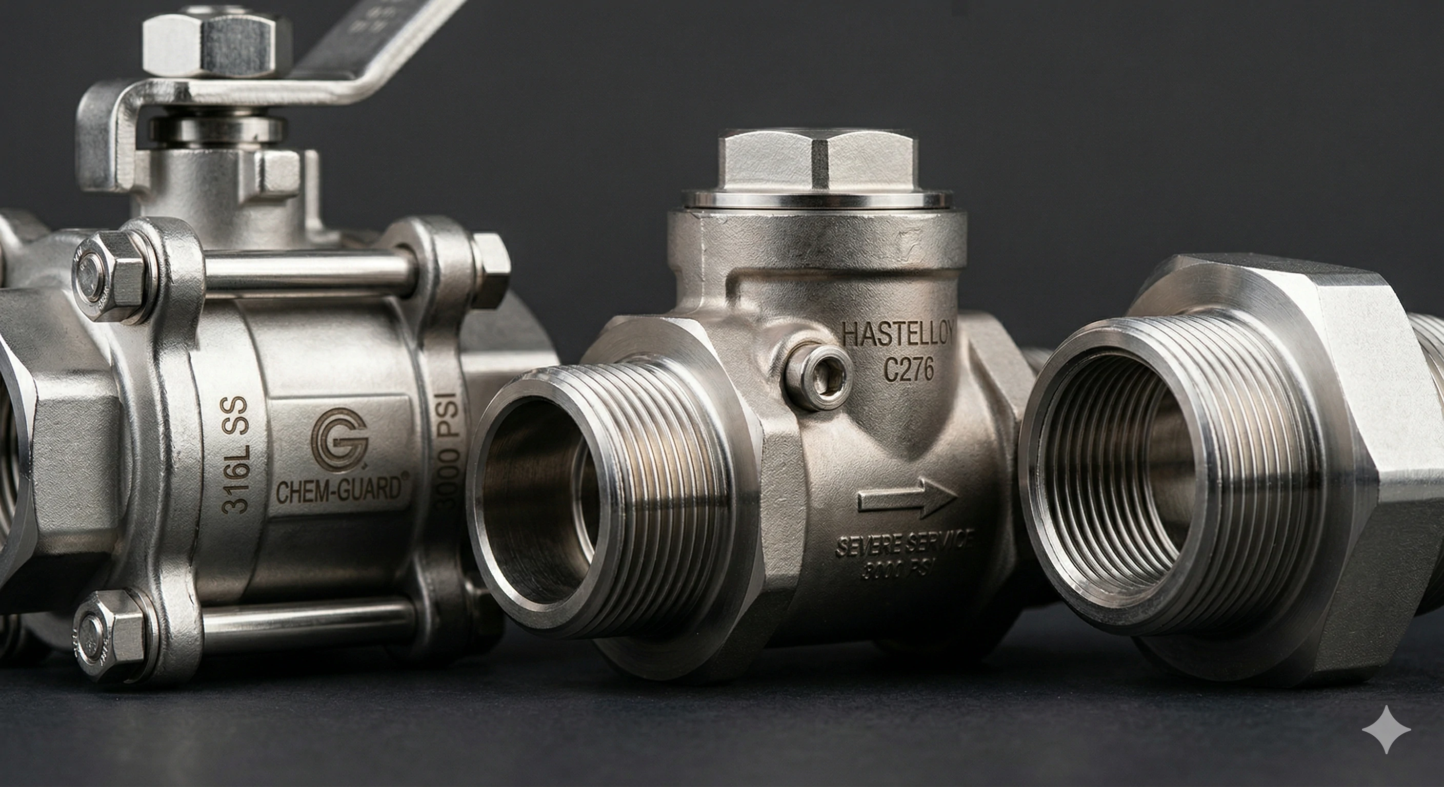 Close-up of heavy-duty stainless steel ball valves and pipe fittings.