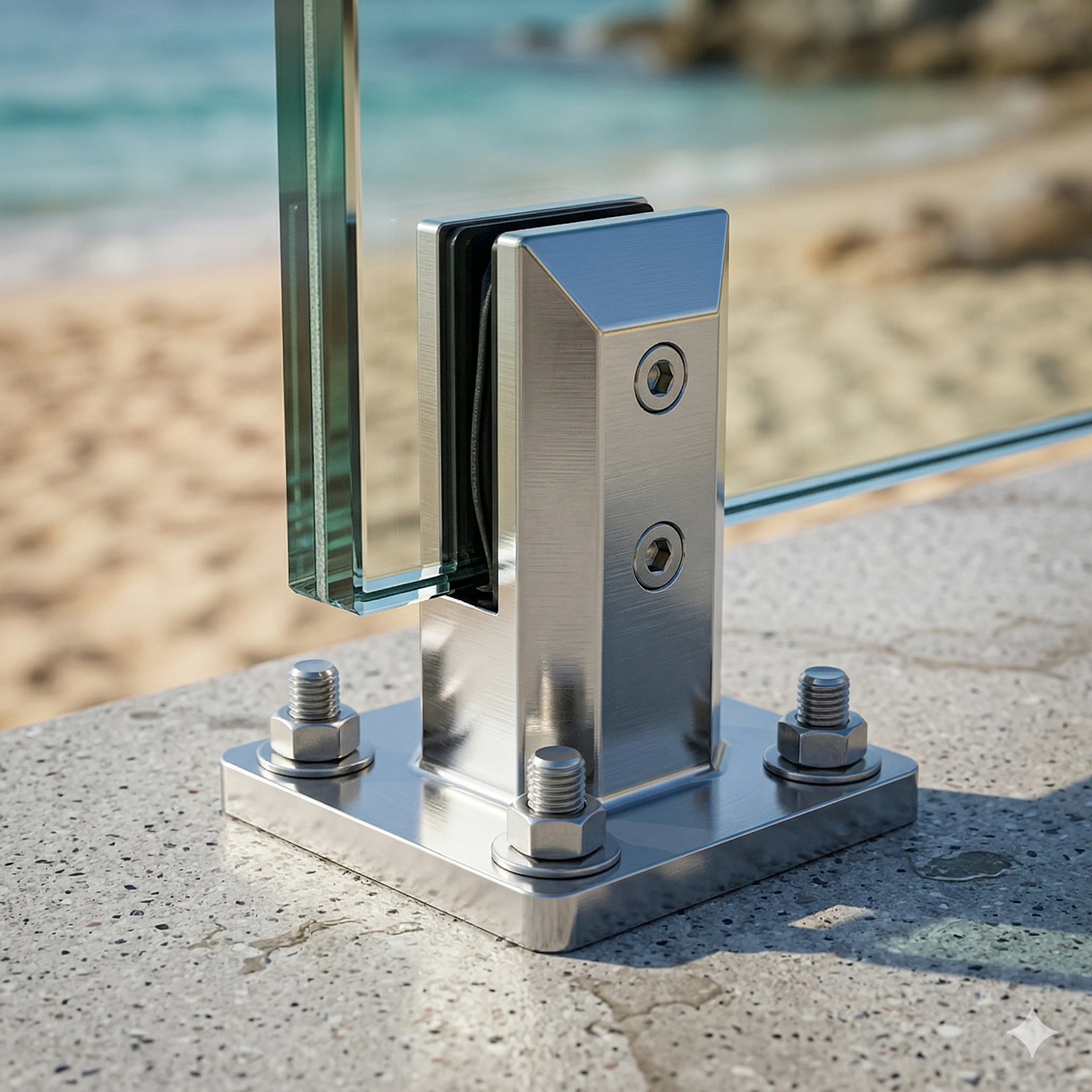 Square stainless steel glass clamp mounted on concrete near beach