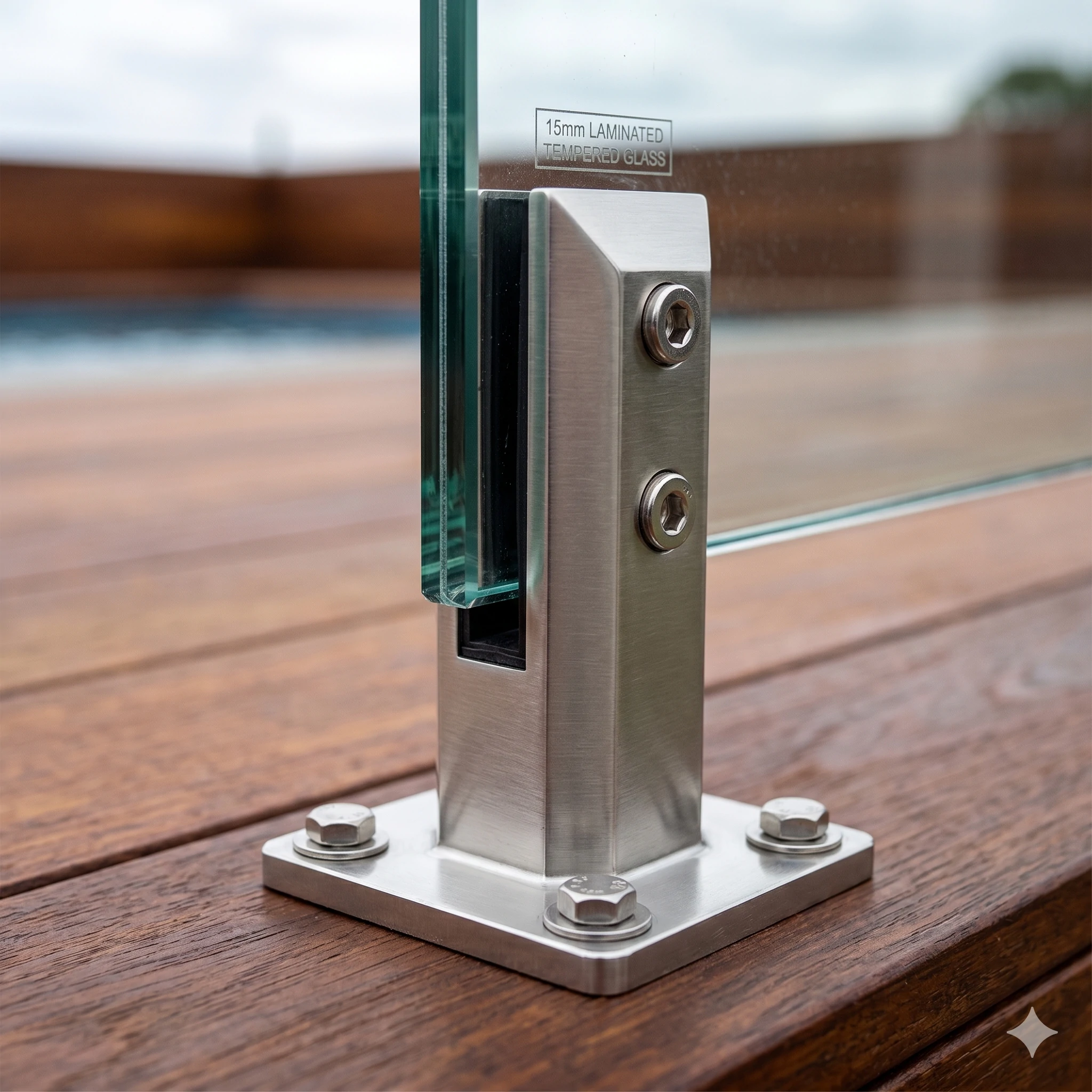 Close-up of stainless steel spigot holding 15mm laminated tempered glass.
