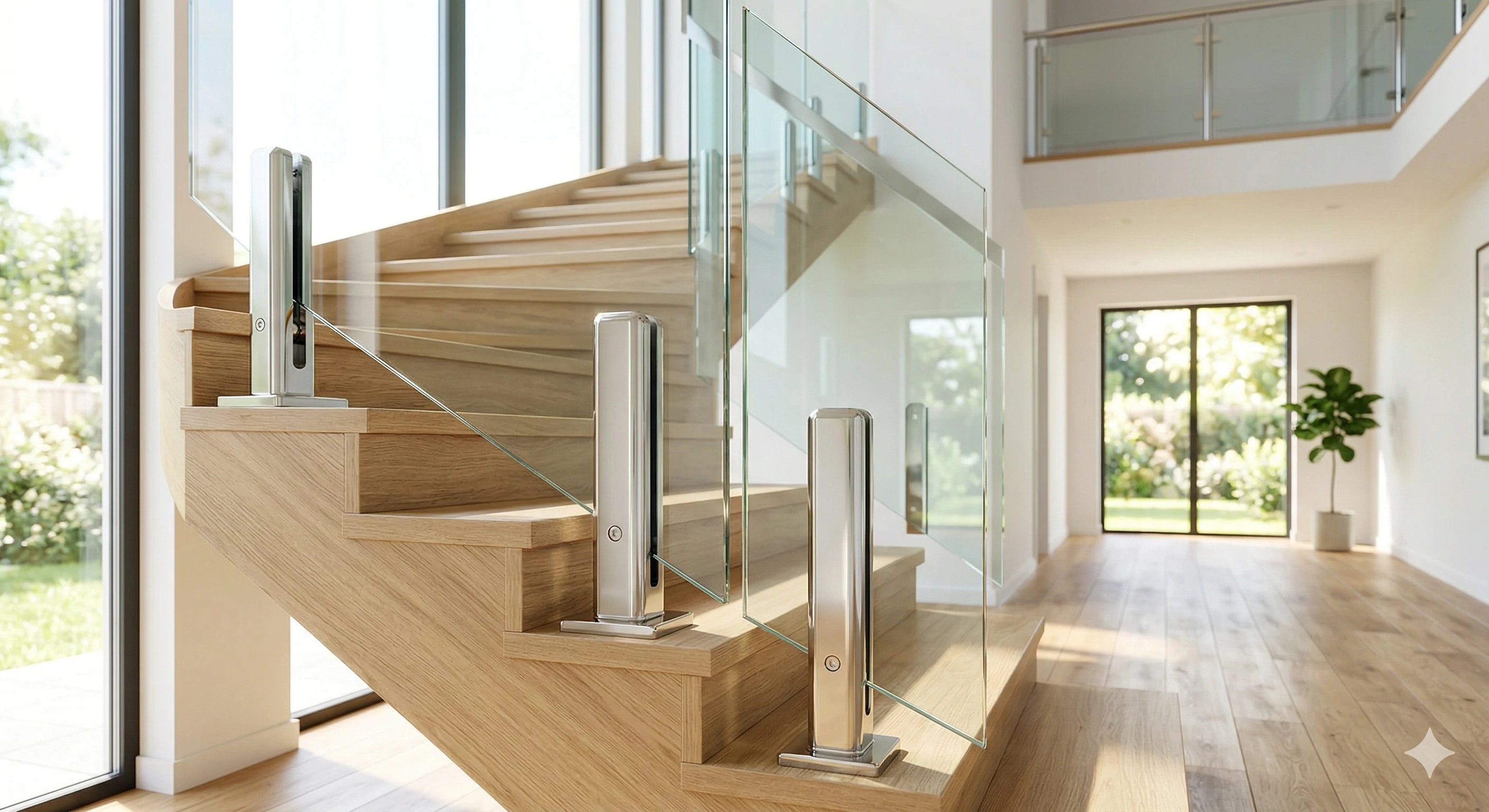 Stainless steel spigots securing glass railing on wooden staircase.