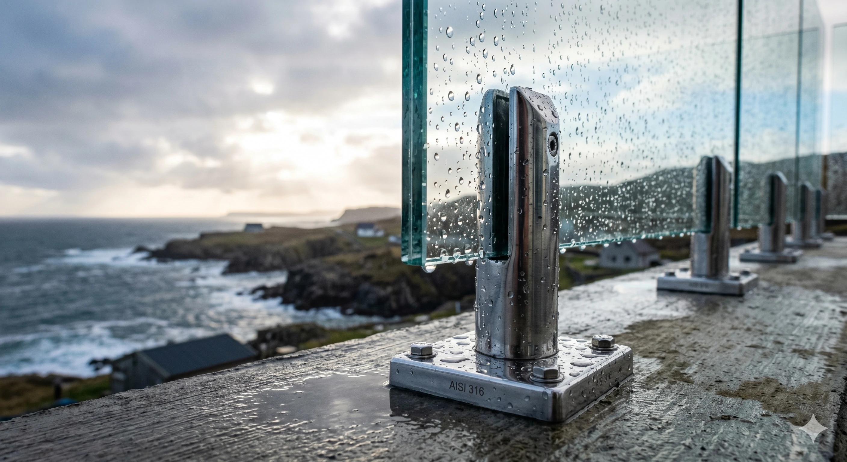 Stainless steel glass railing spigots on wet coastal balcony overlooking the ocean