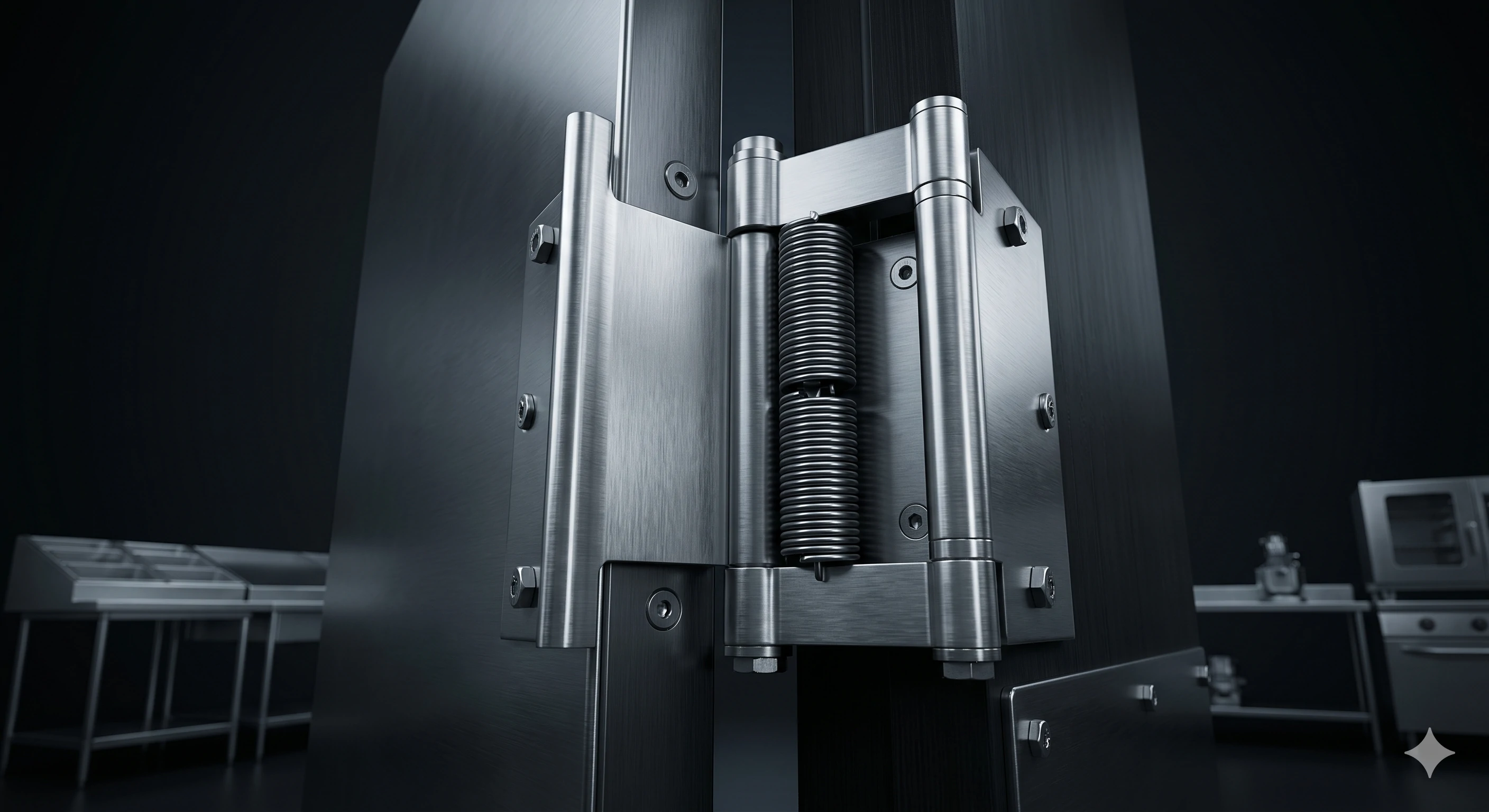 Heavy-duty stainless steel double action spring hinge on a metal door.