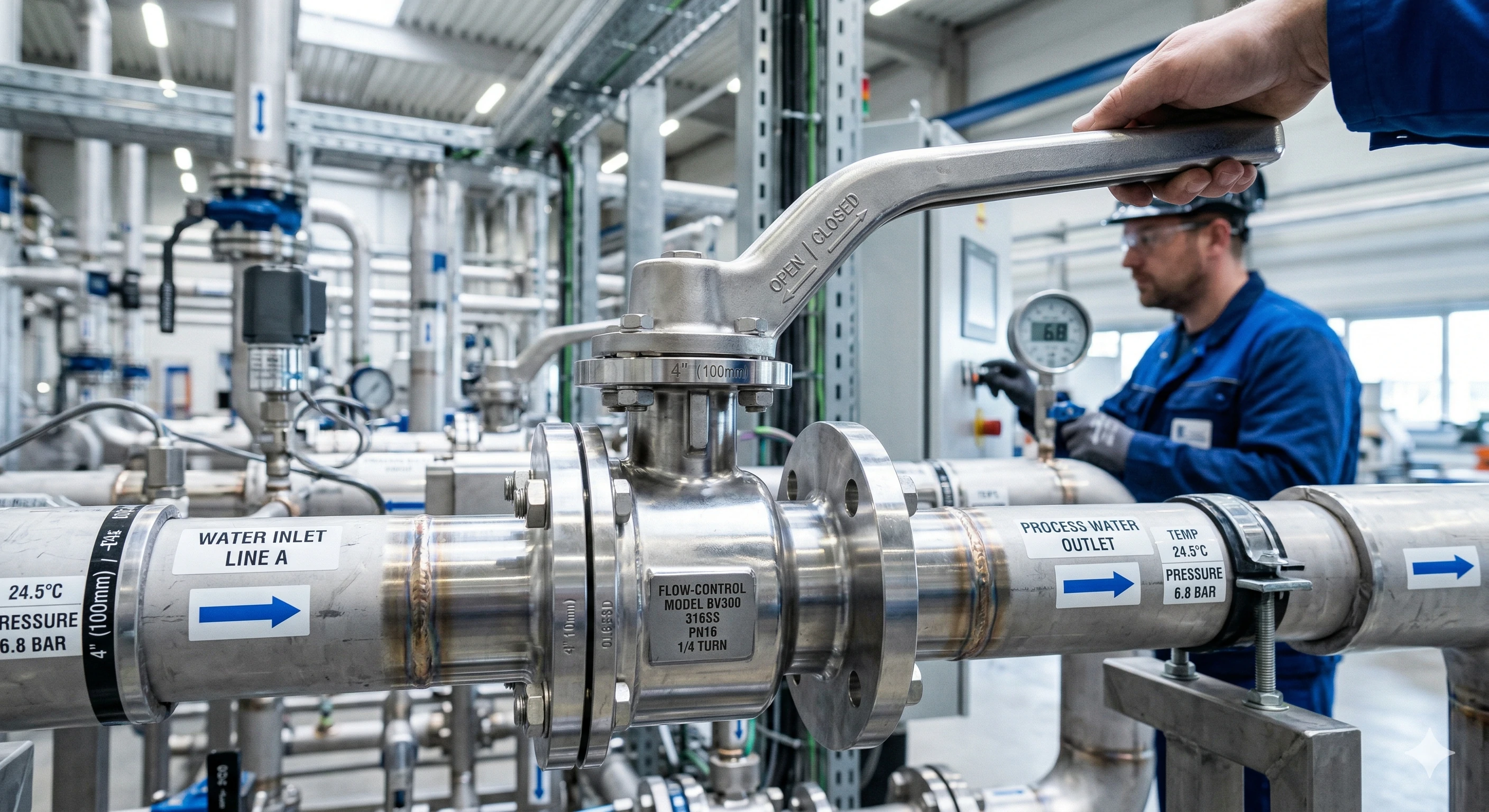 Worker turning a large stainless steel flow control valve in a plant.