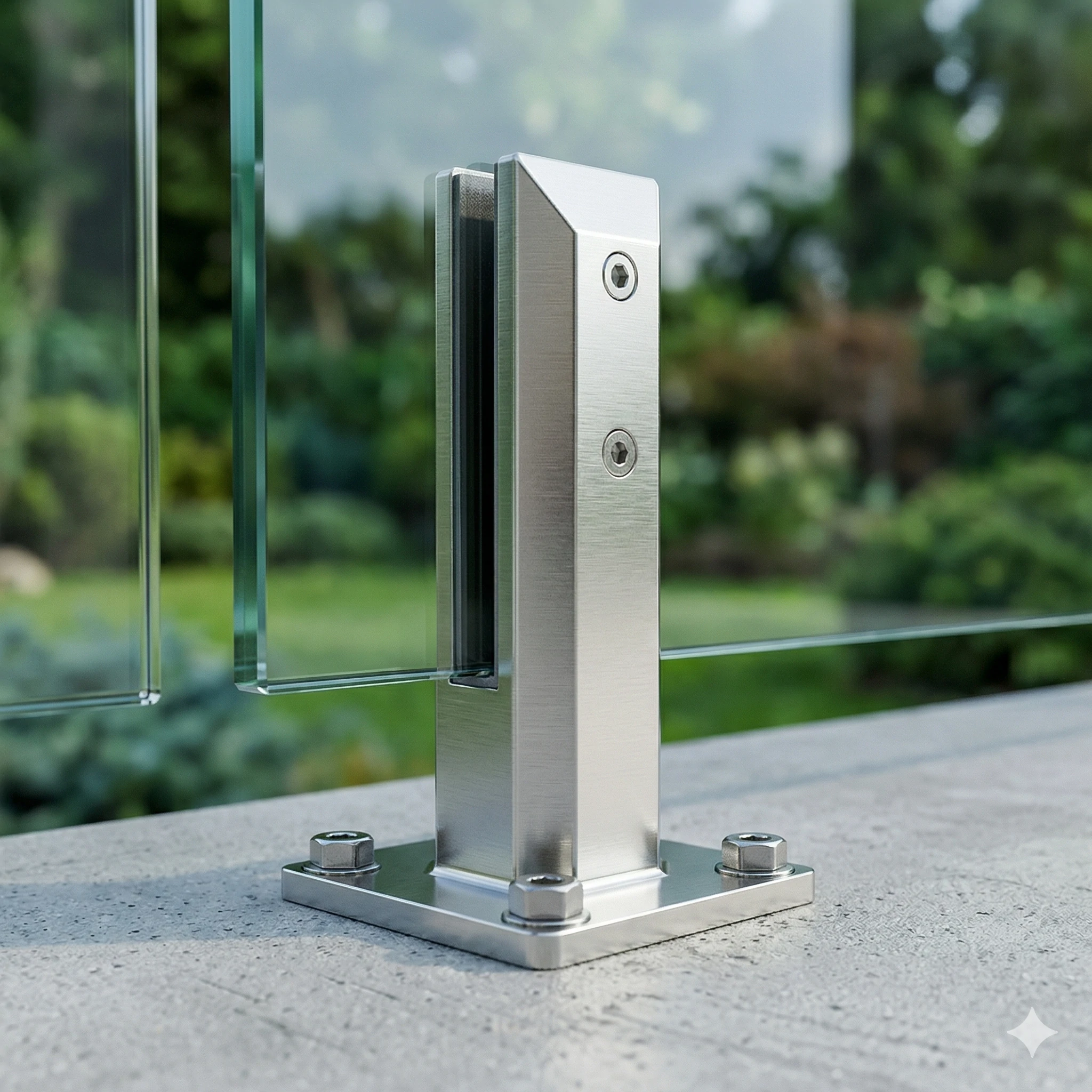 Close-up of stainless steel spigot holding a frameless glass fence panel