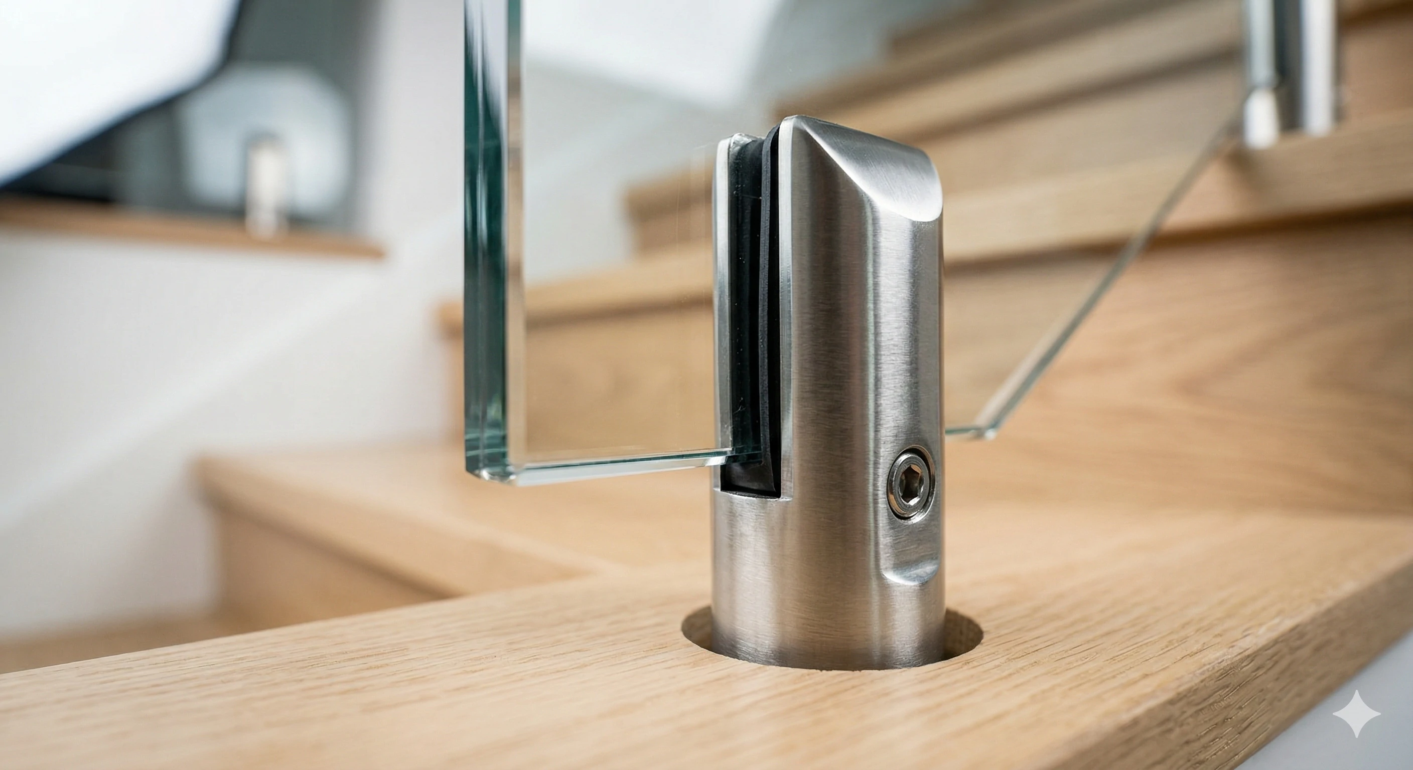 Stainless steel standoff clamp securing glass railing to wooden stairs