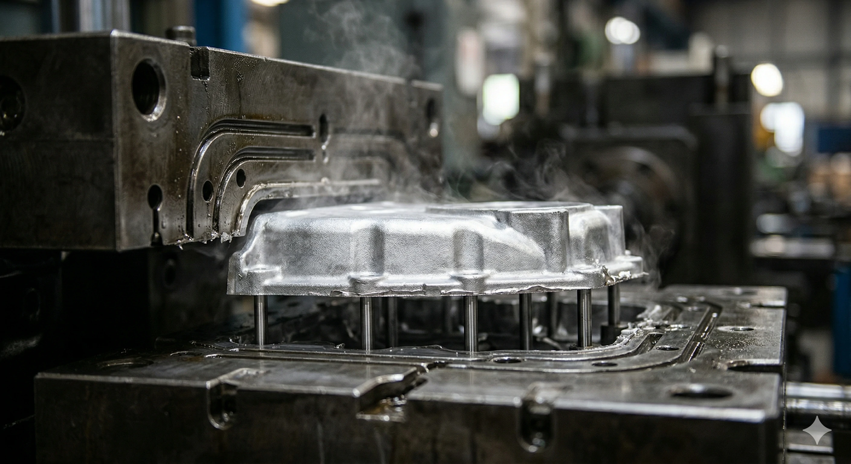 Pièce automobile en aluminium fraîchement moulée, encore fumante, posée dans un moule métallique ouvert.
