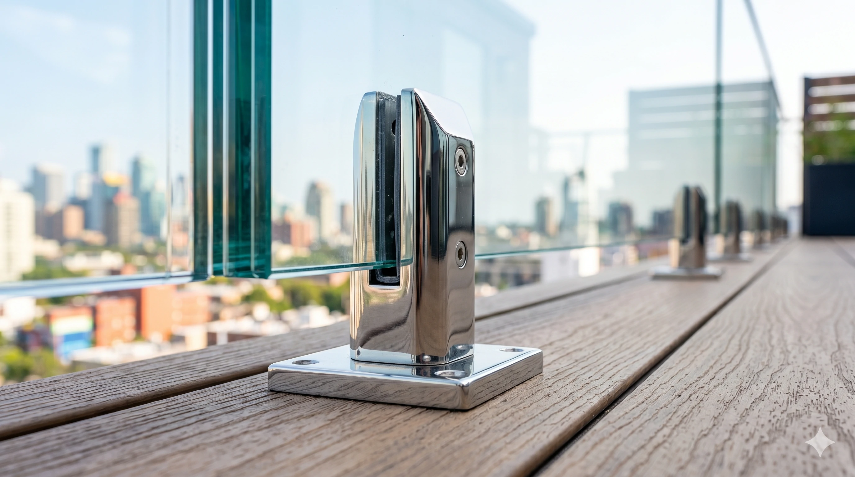 Close-up of stainless steel glass balustrade spigot on wooden decking with city background