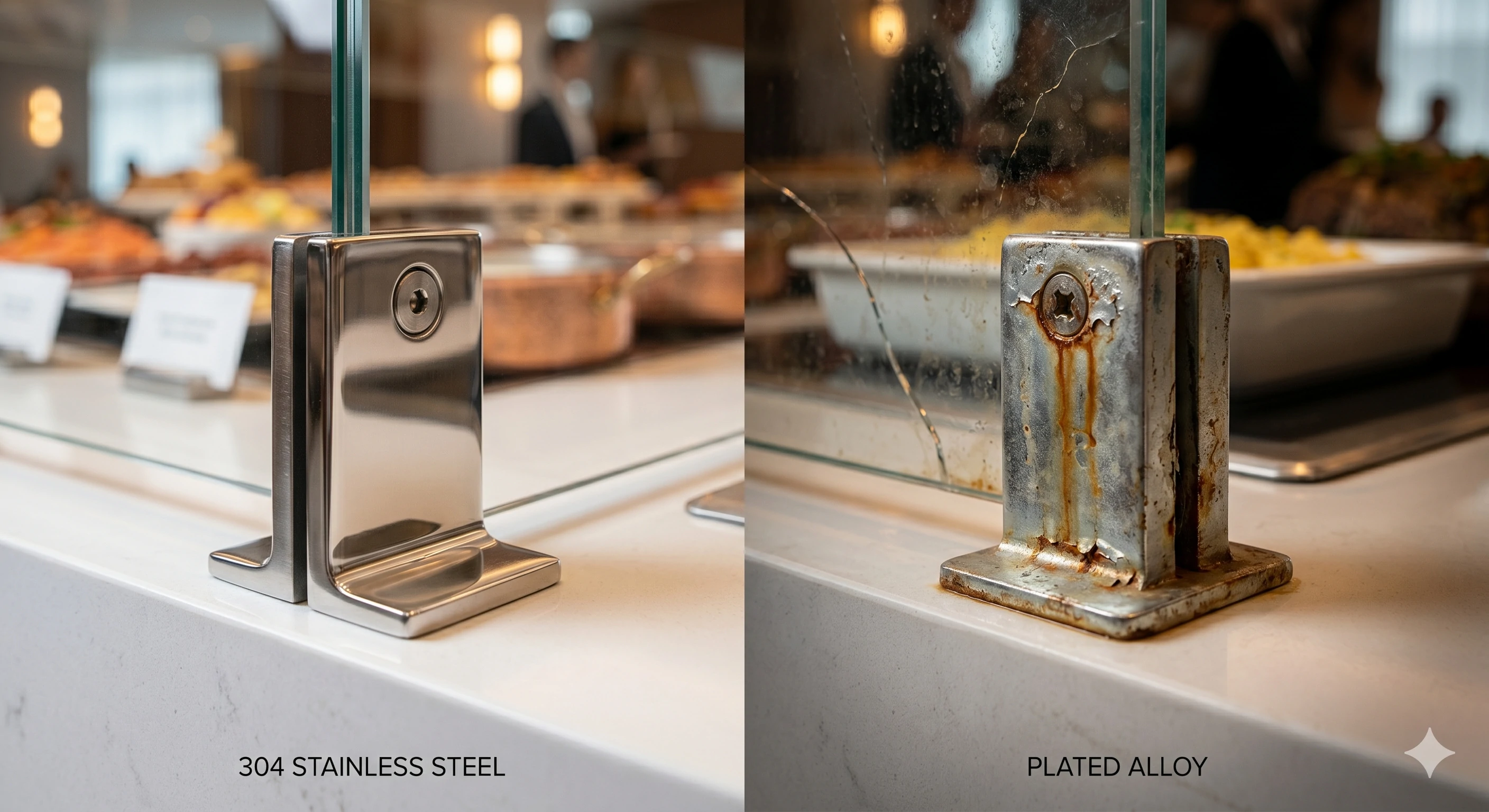 Comparison of stainless steel and rusted plated alloy glass clamps.