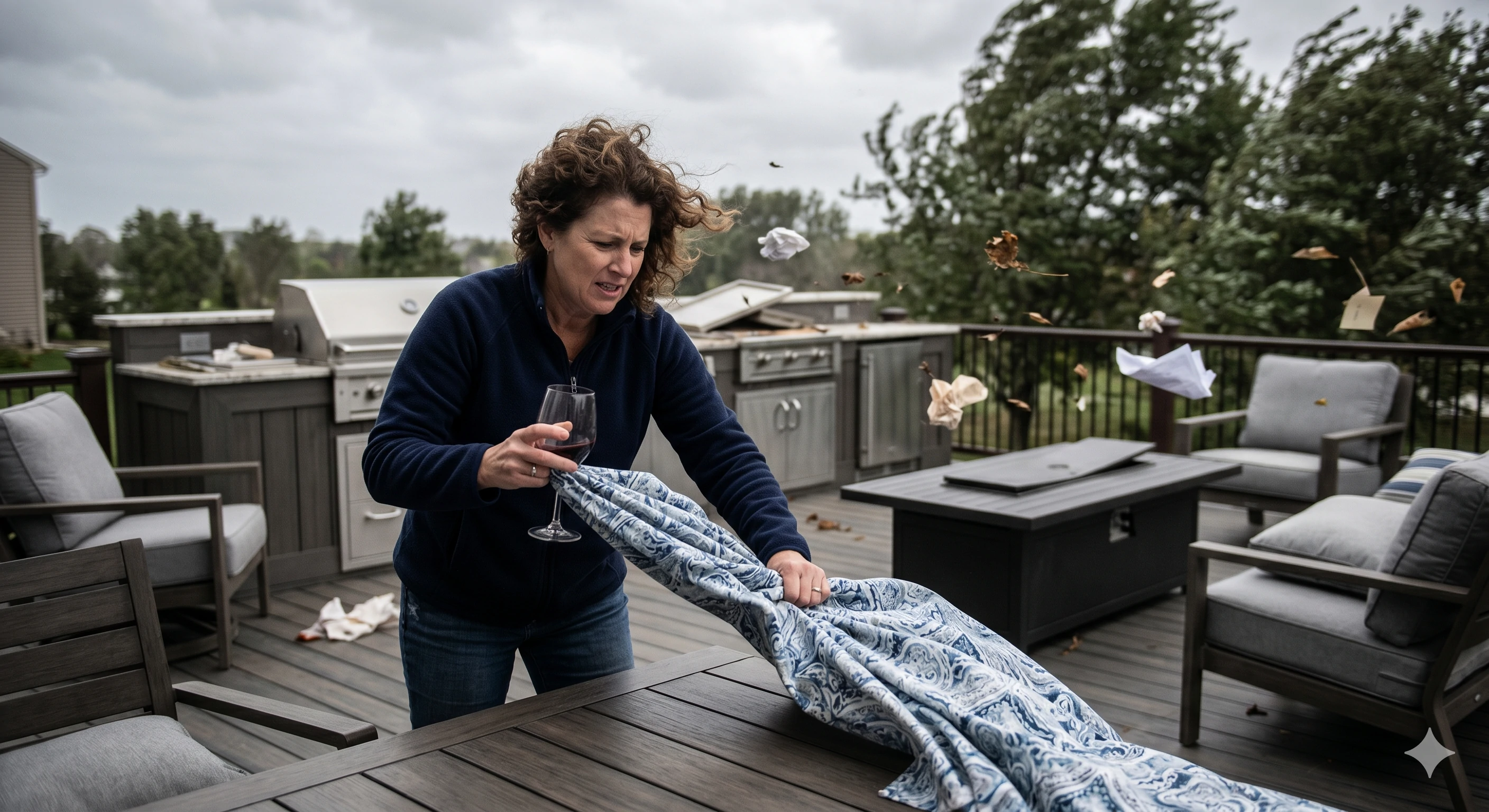 Woman securing patio tablecloth during a windy storm on outdoor deck
