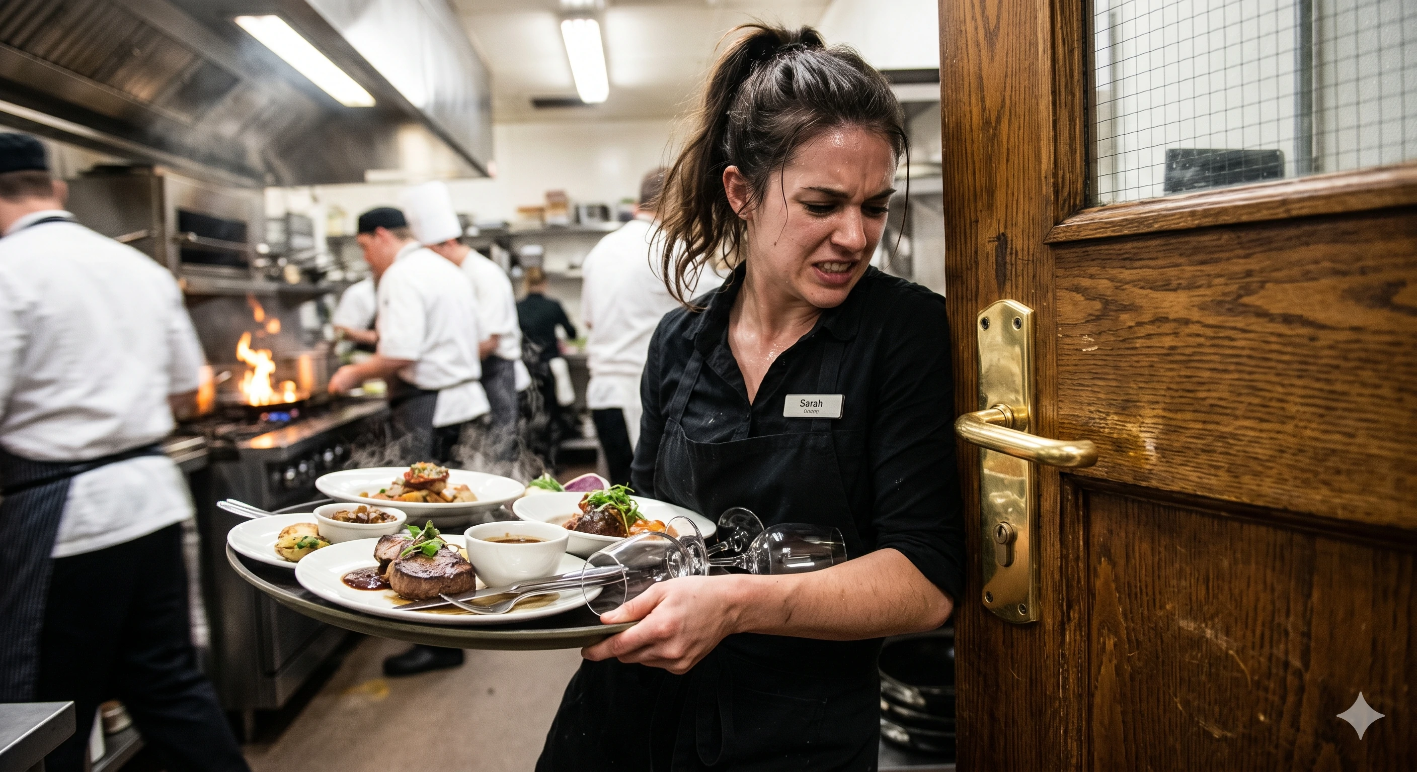 Overwhelmed waitress carrying plates and glasses through a kitchen door