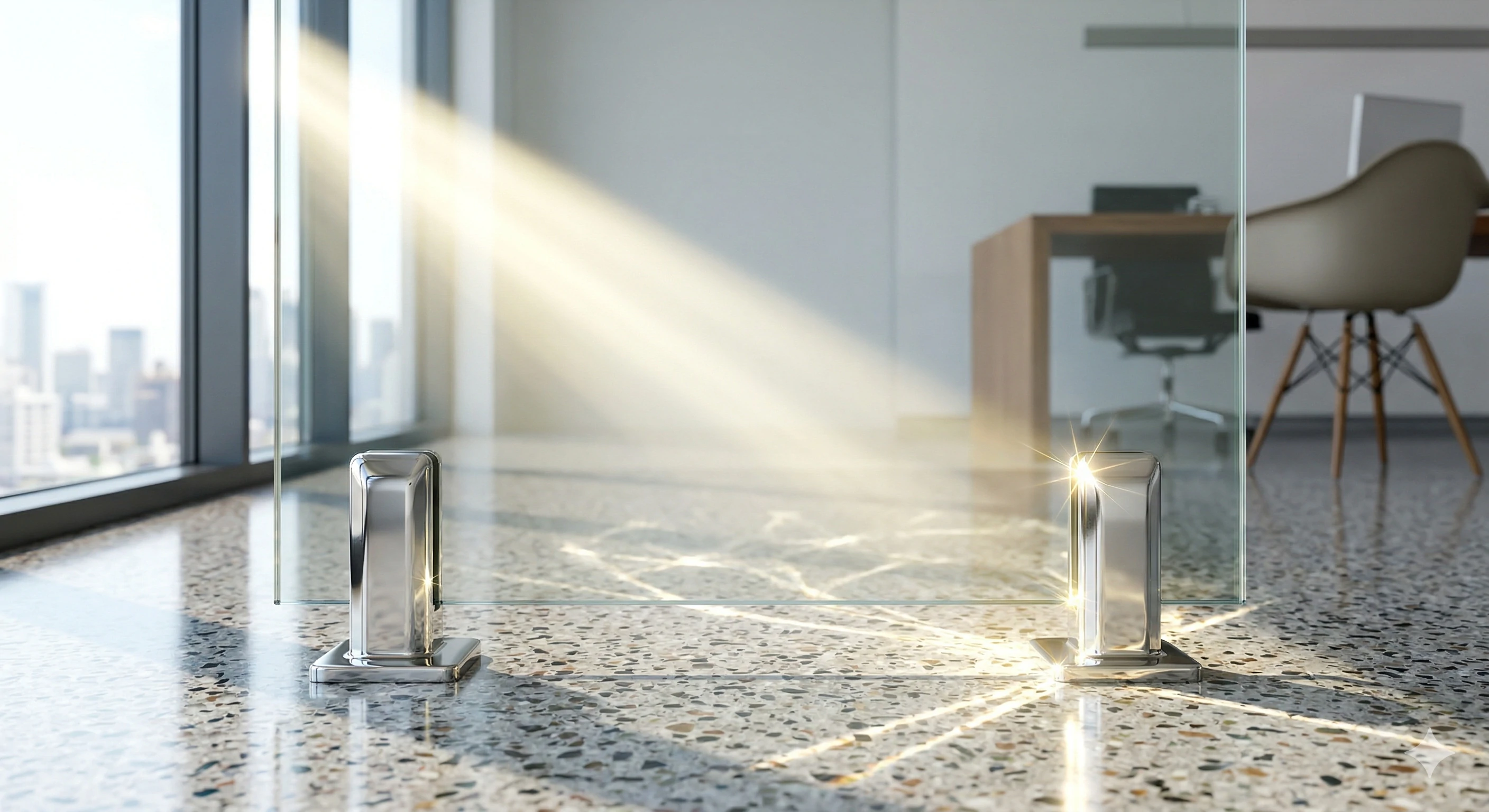 Sunlit glass partition with metal spigots in a modern office.