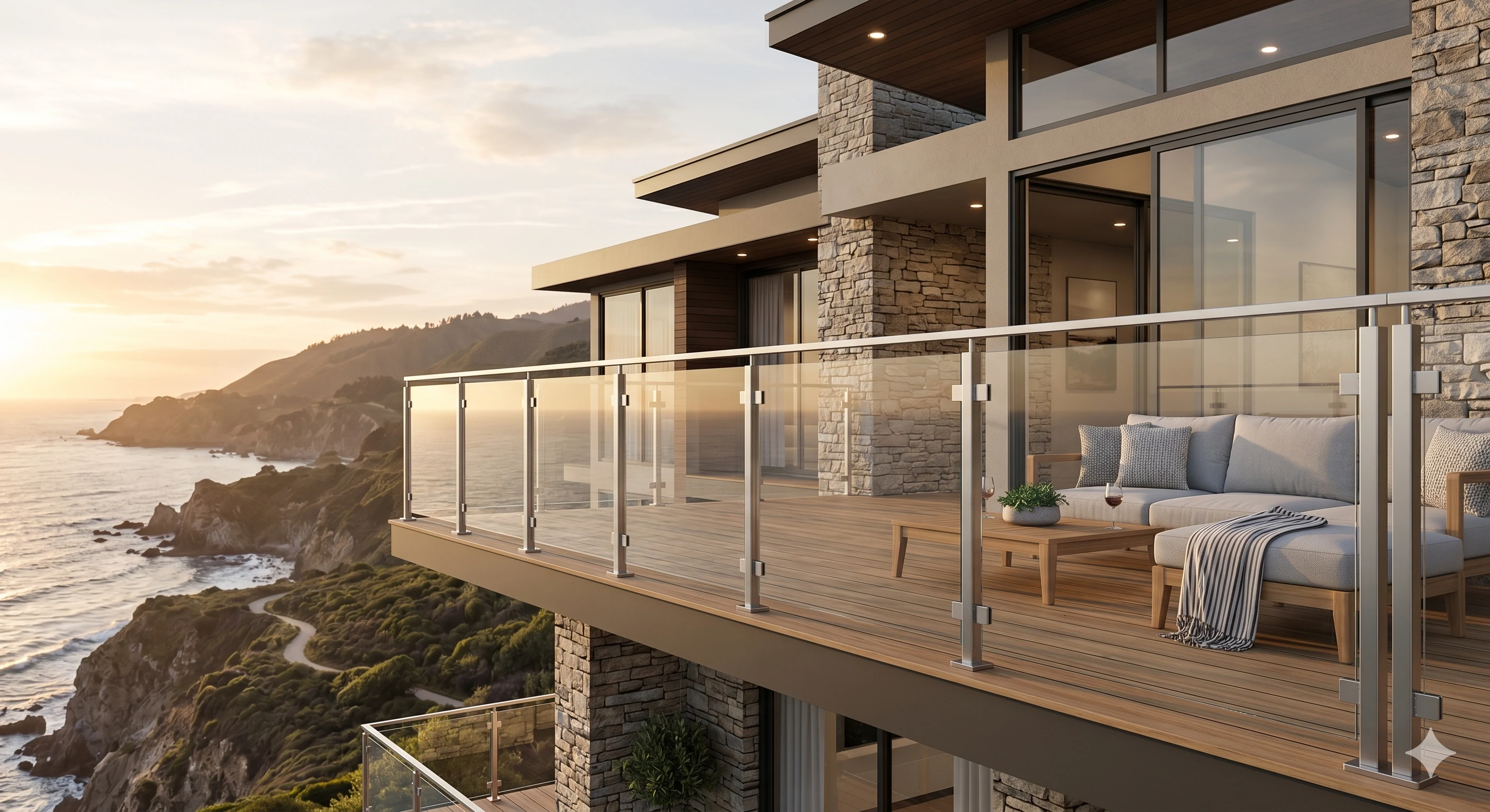 Frameless glass balcony railing overlooking a sunset coastal cliff