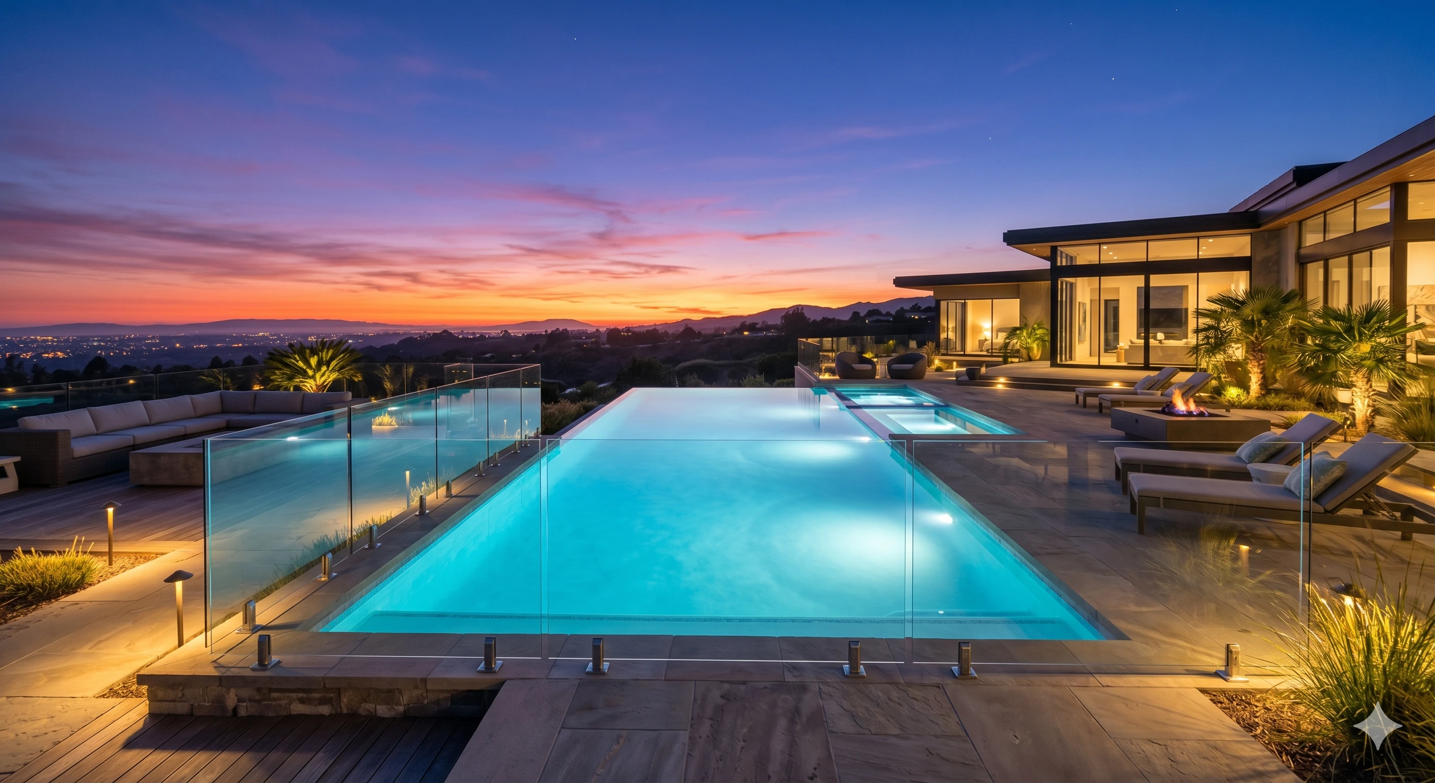 Luxury illuminated swimming pool at sunset with frameless glass safety fence.