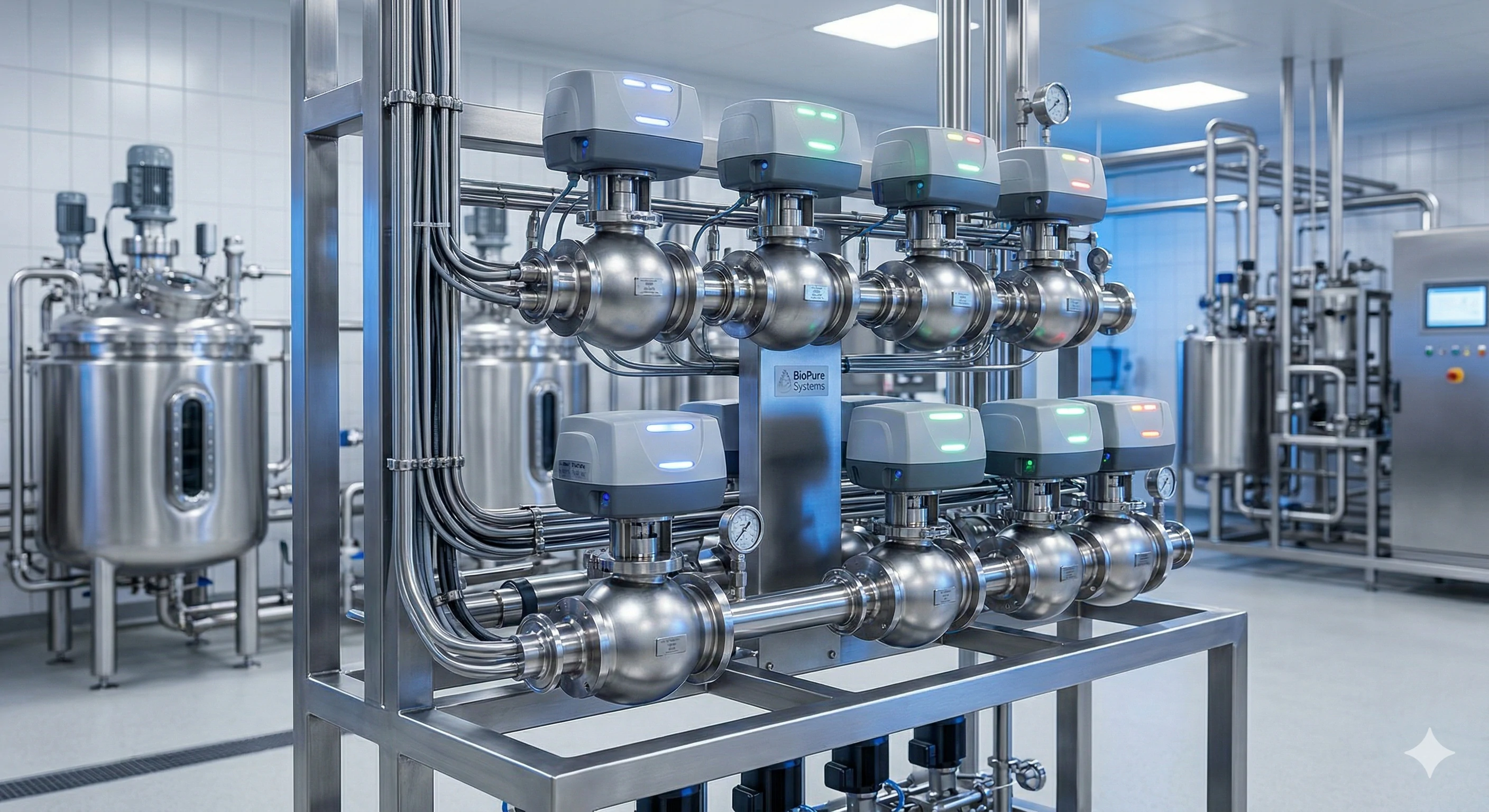 Automated BioPure Systems stainless steel valves in a sterile facility.