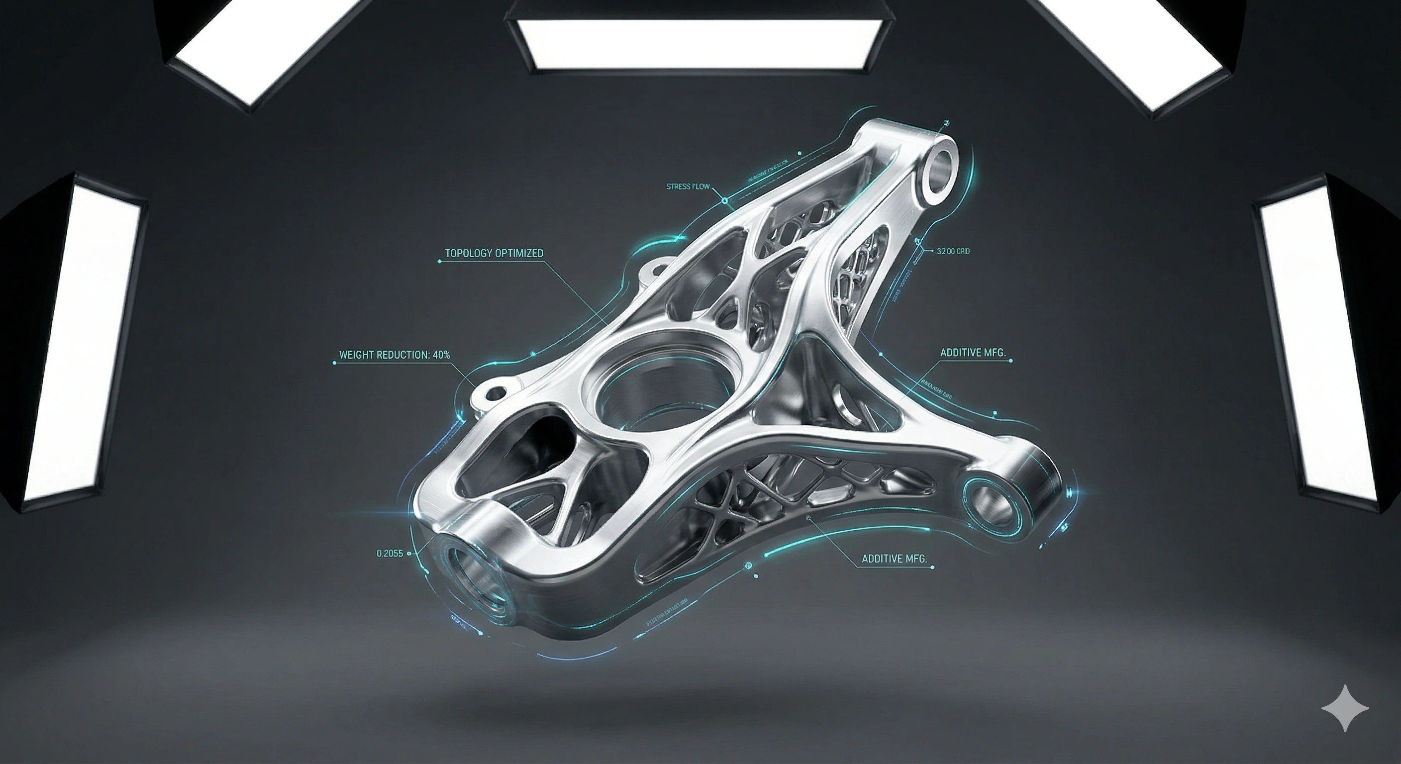 Topology optimized 3D metal part with engineering analysis overlay