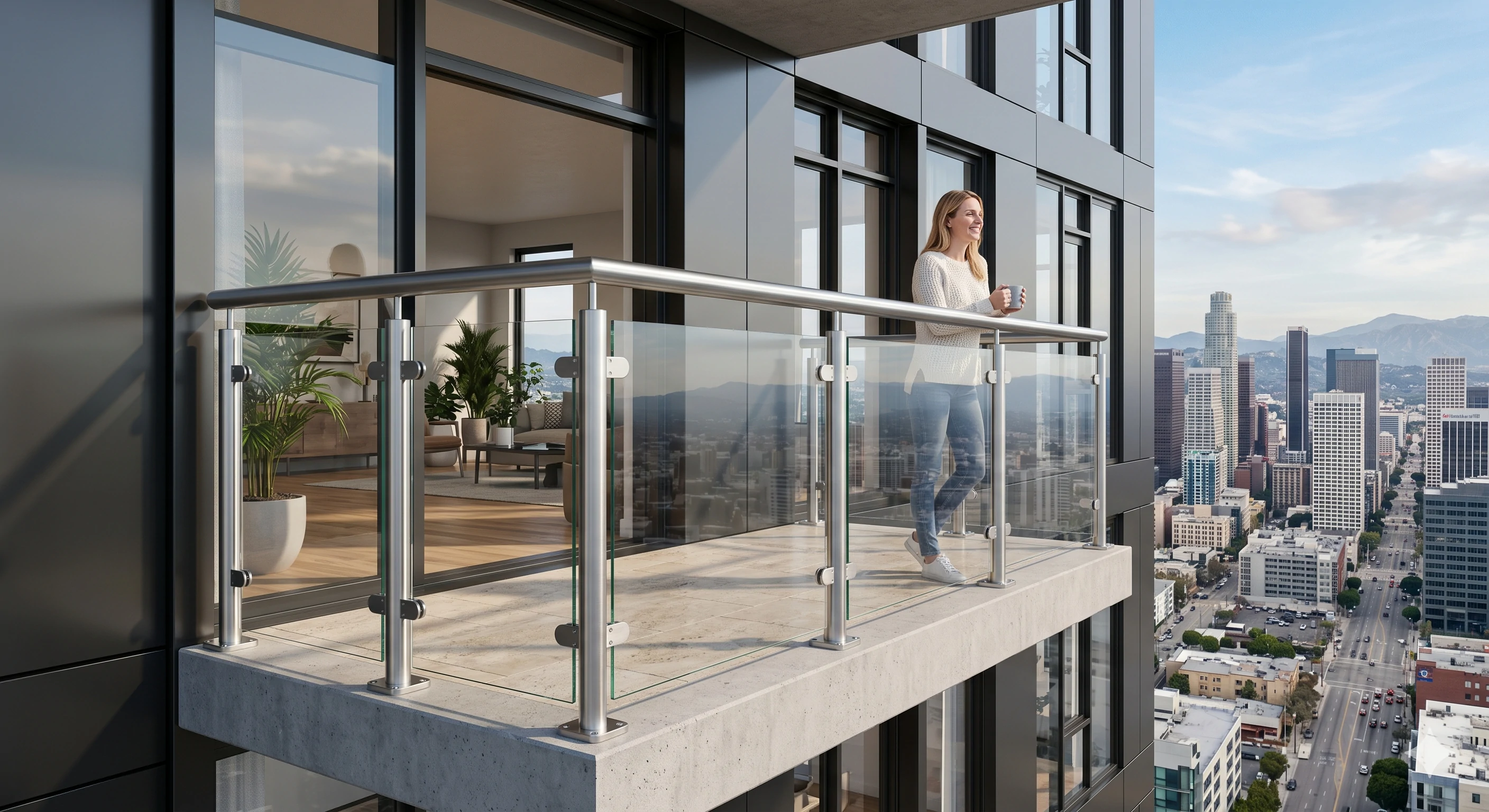 Woman enjoying city skyline view from modern glass balcony railing
