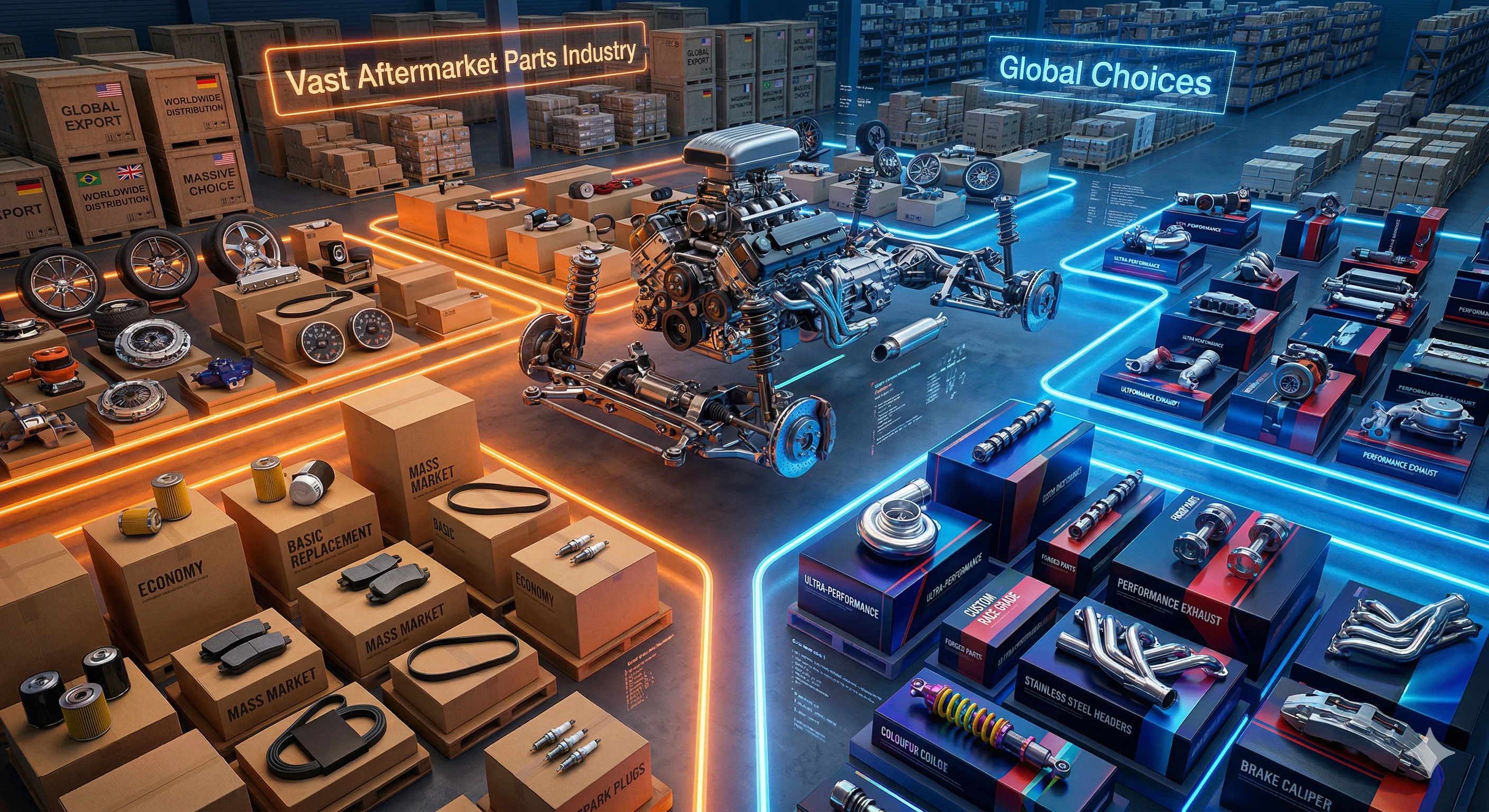 Wide selection of aftermarket car parts and engine in warehouse