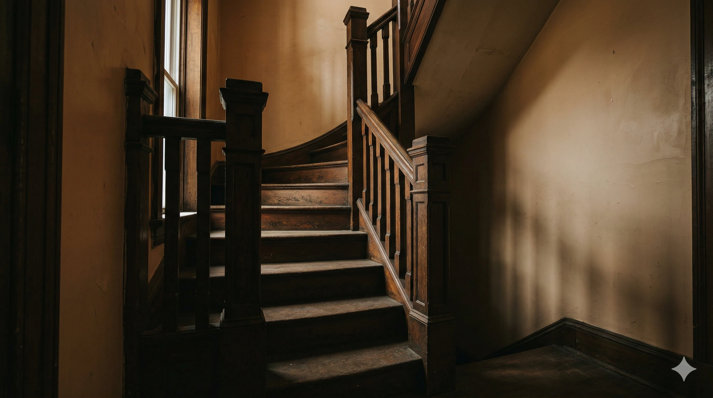 Antique curved wooden staircase in dark vintage home interior