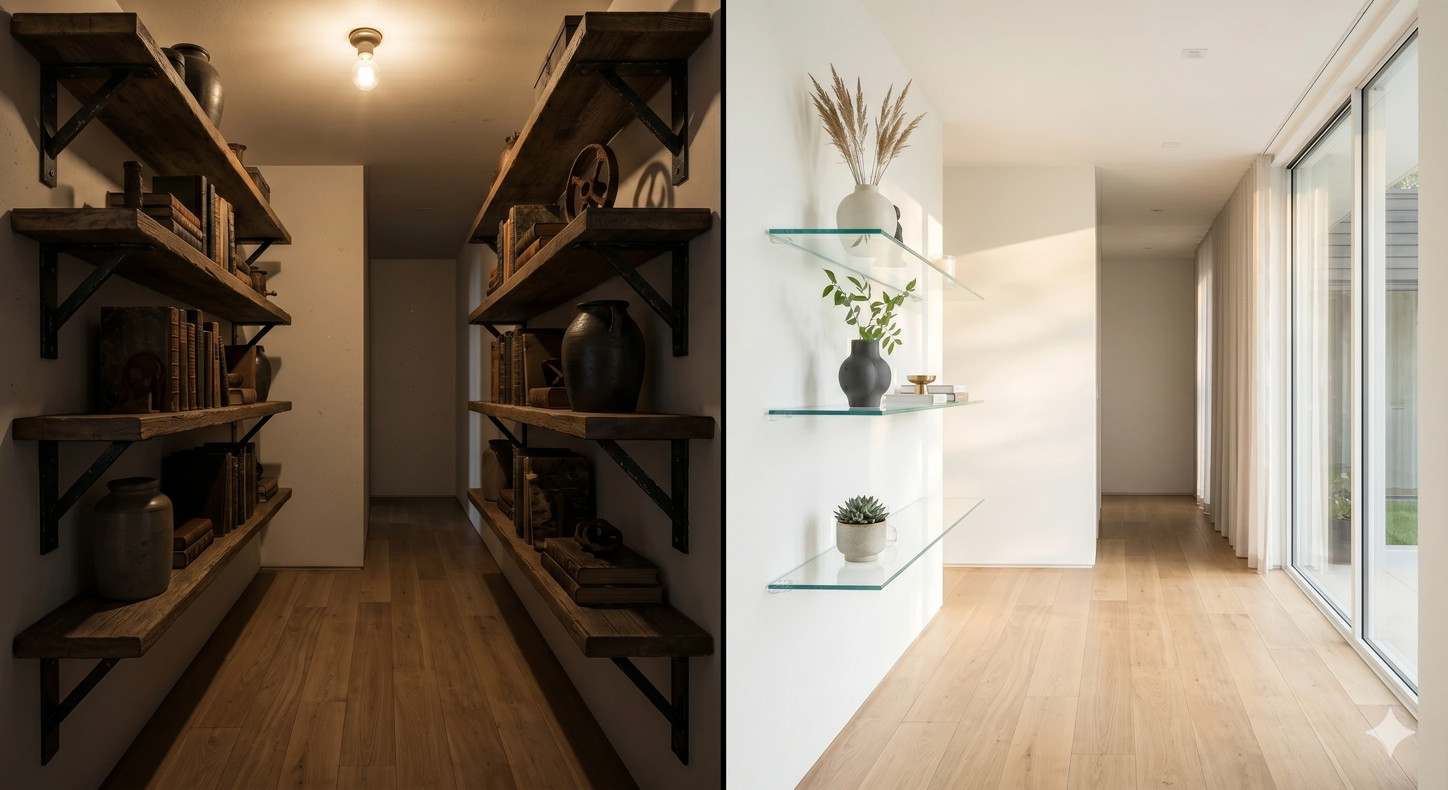 Comparison of rustic wooden shelves and modern glass floating shelves