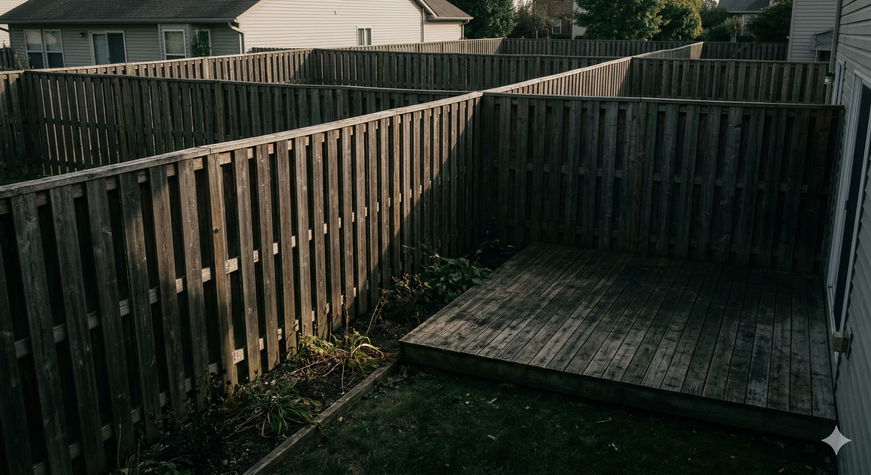 Weathered wooden privacy fence enclosing a backyard with a small wooden deck