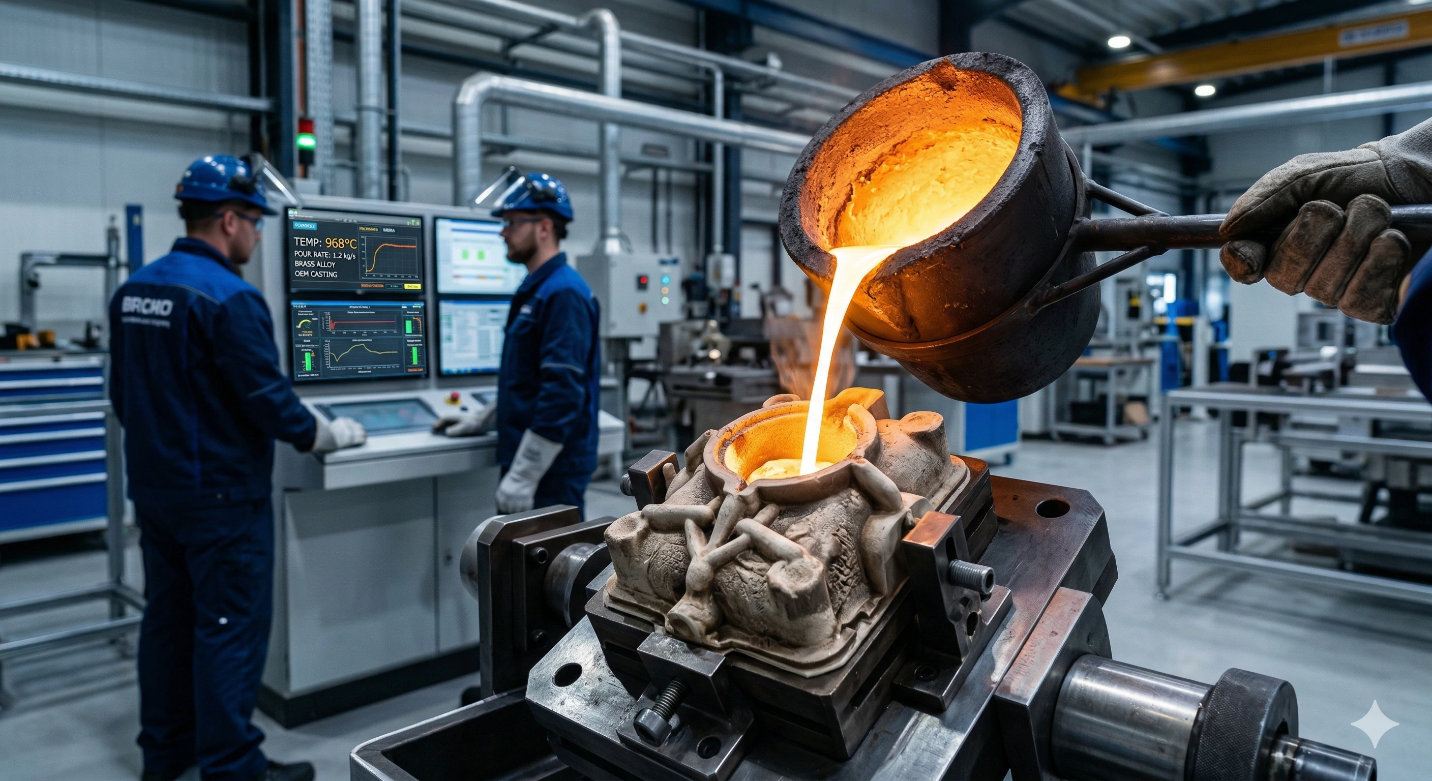 Workers pouring hot molten brass into a casting mold in a foundry