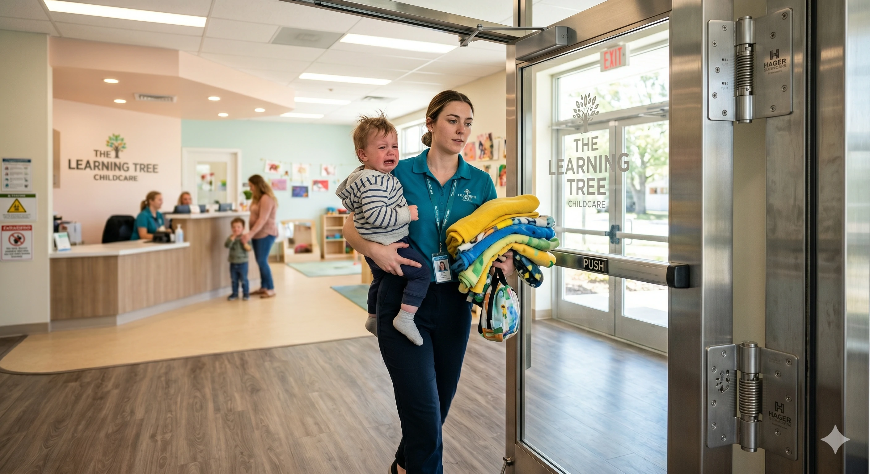 Woman carrying crying toddler and blankets out of childcare doors
