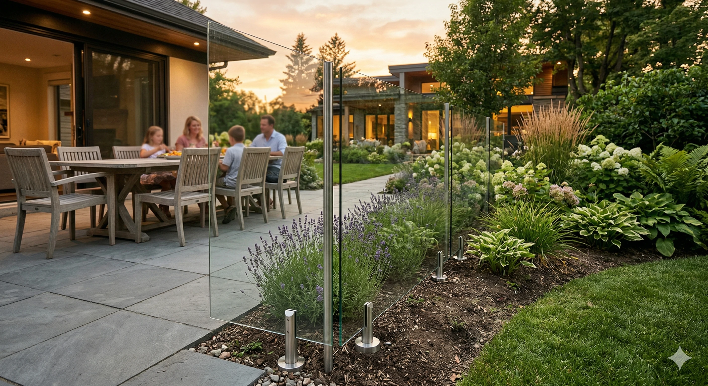Family enjoying patio dinner behind frameless glass fence at sunset