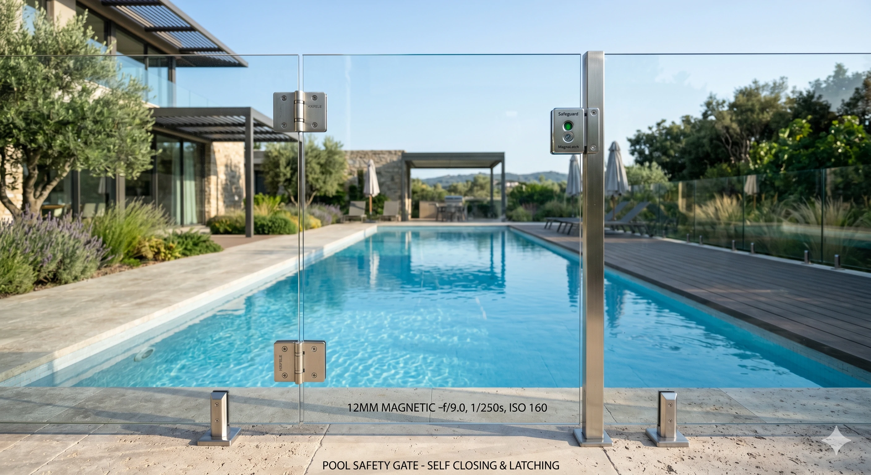 Frameless glass pool safety gate with magnetic latch outside modern home