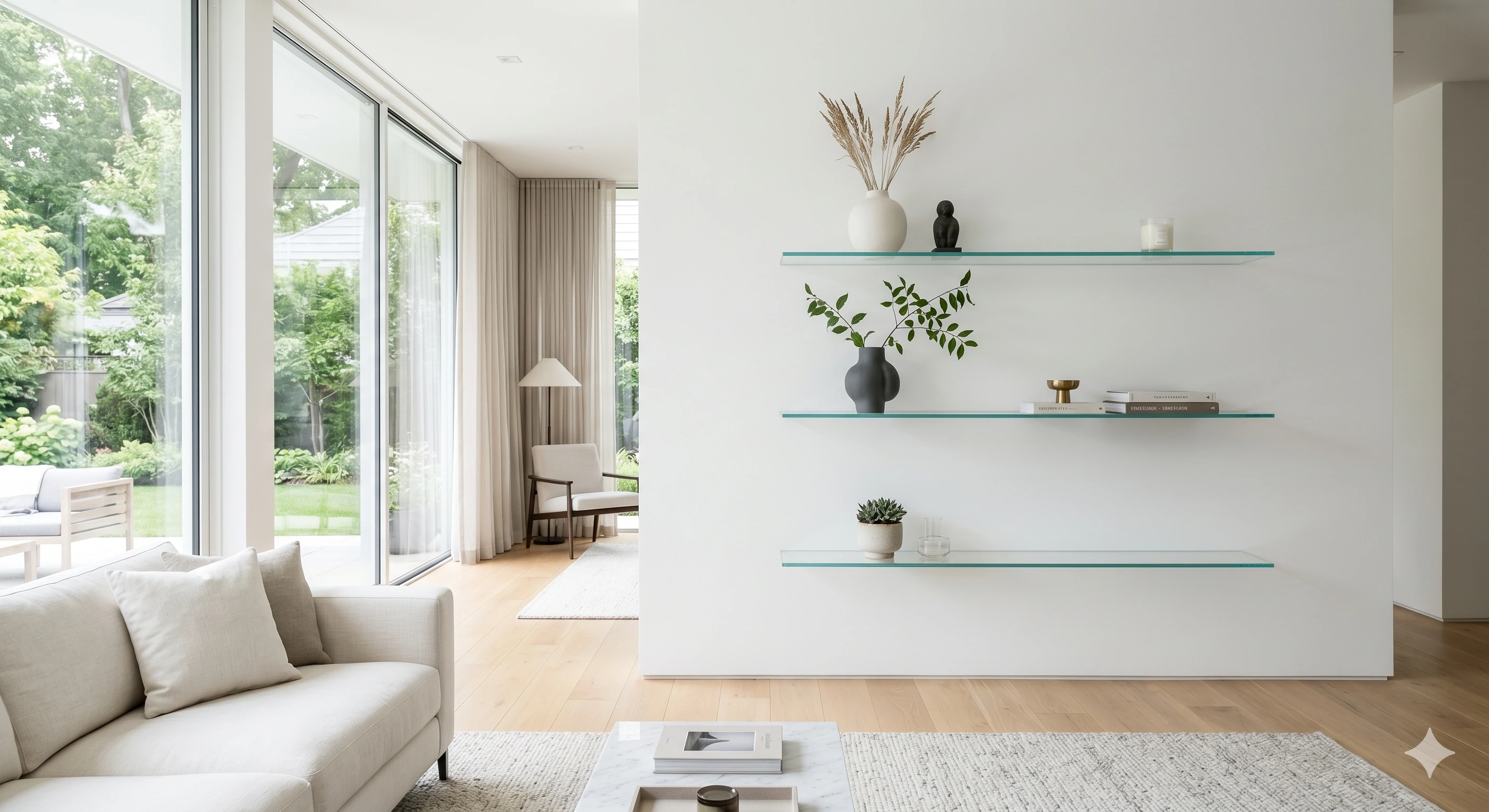 Modern living room with minimalist glass floating shelves