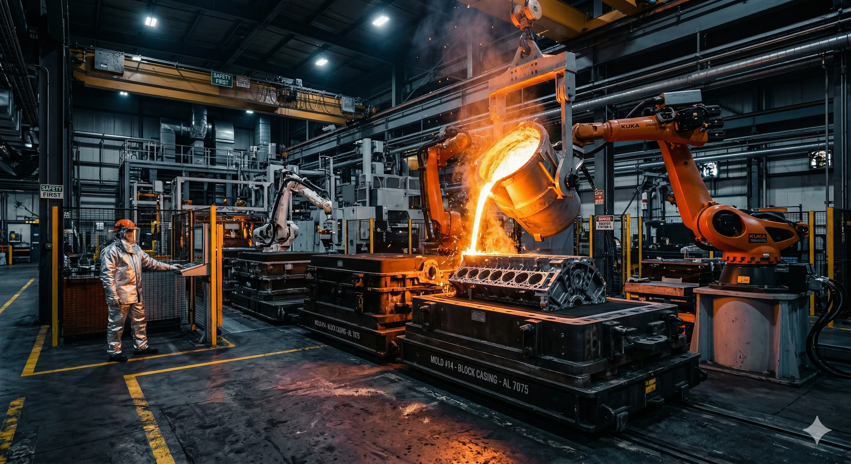 Robotic arms pouring molten metal in an industrial foundry setting