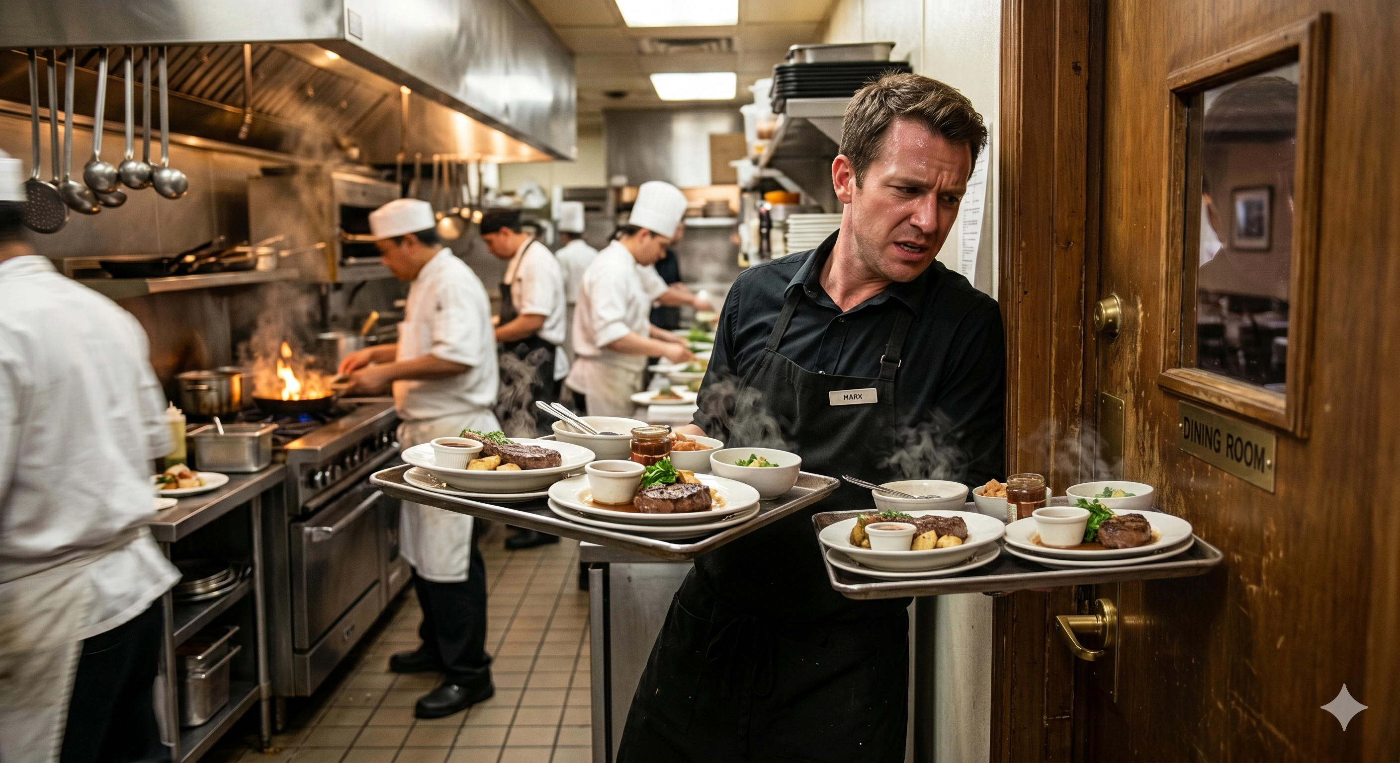 Stressed waiter carrying heavy plates of steak in a busy kitchen