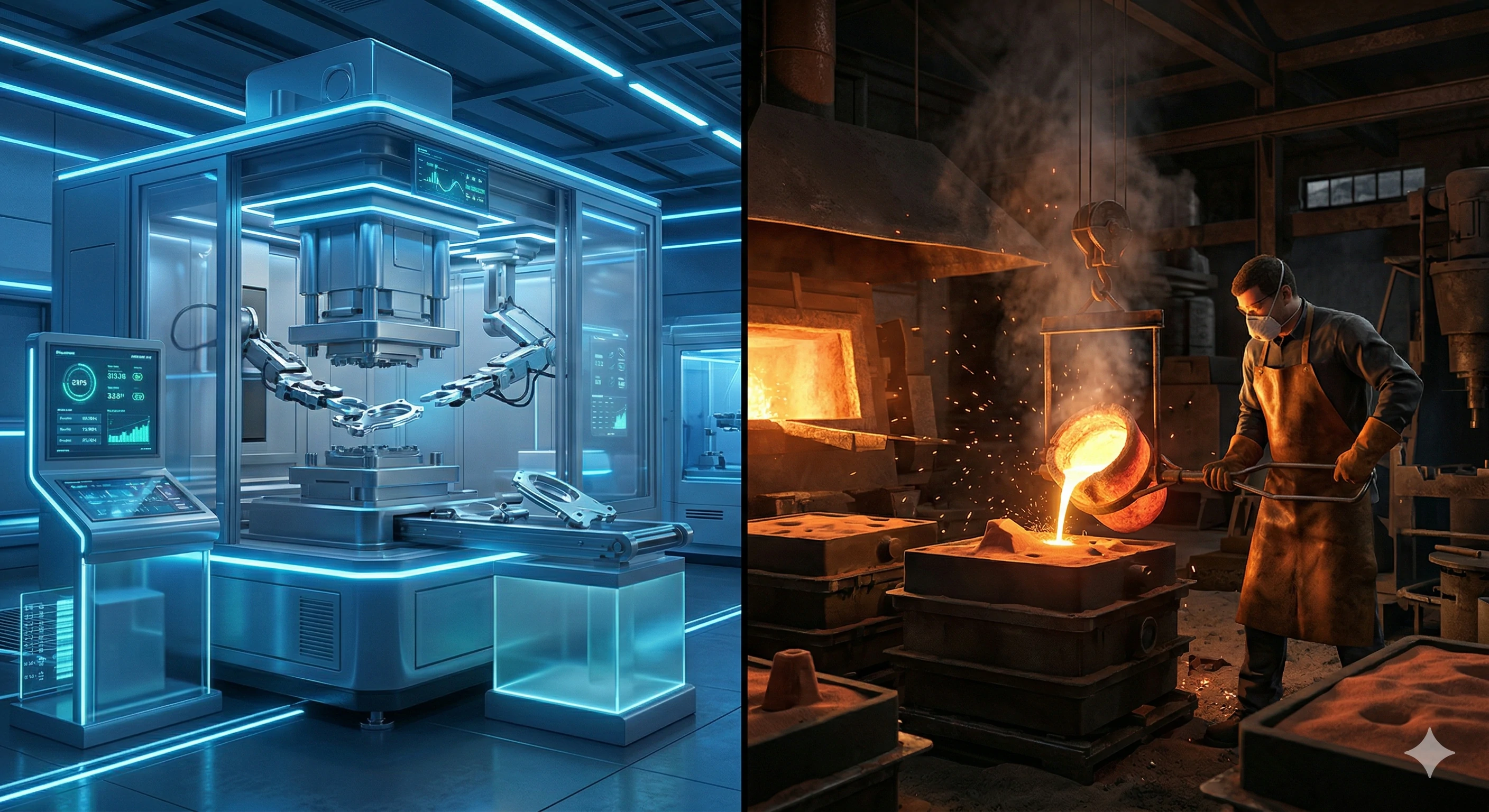 Modern automated machinery compared to traditional manual metal foundry
