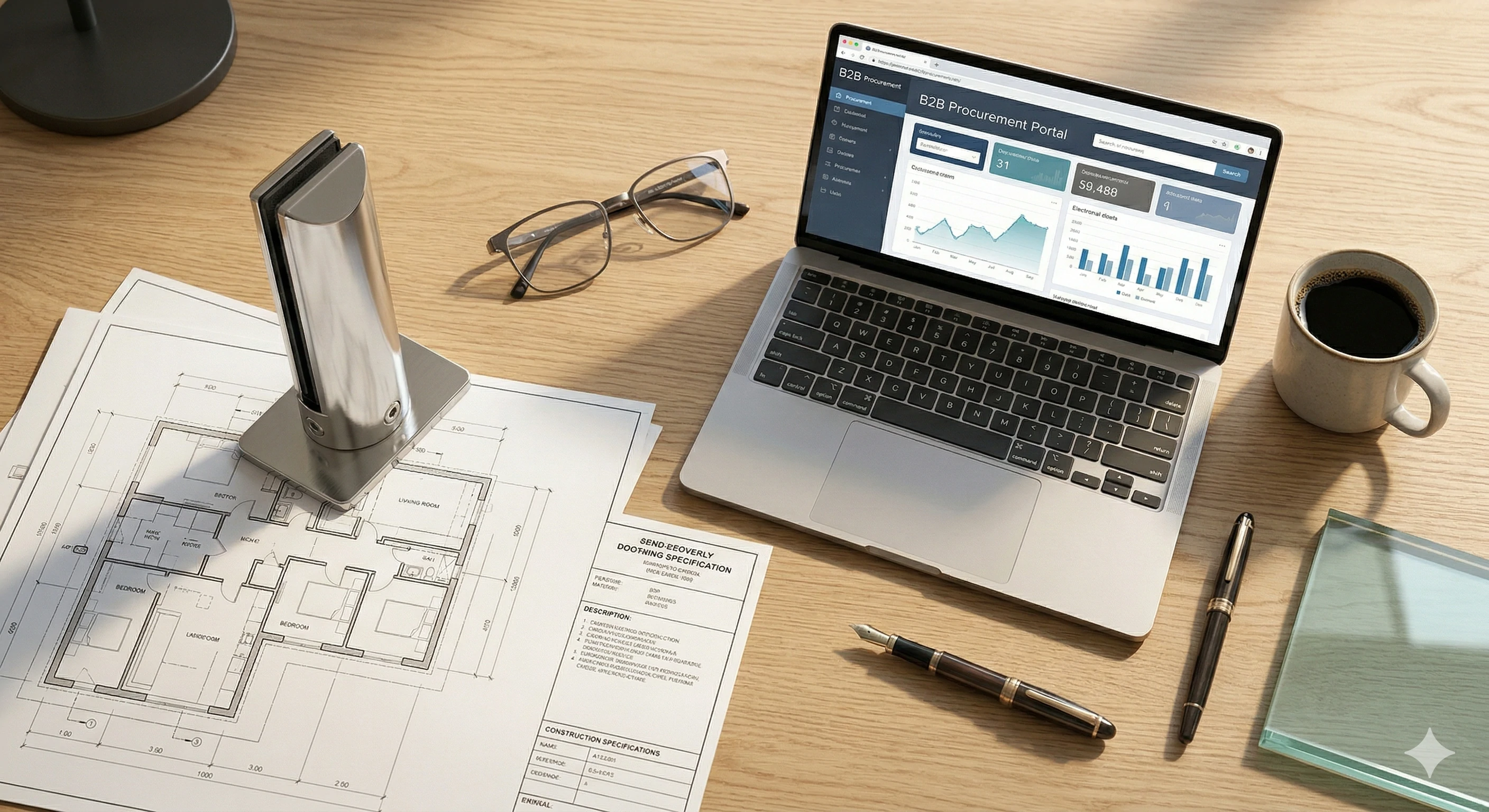 Desk with B2B procurement laptop, blueprints, and metal glass spigot