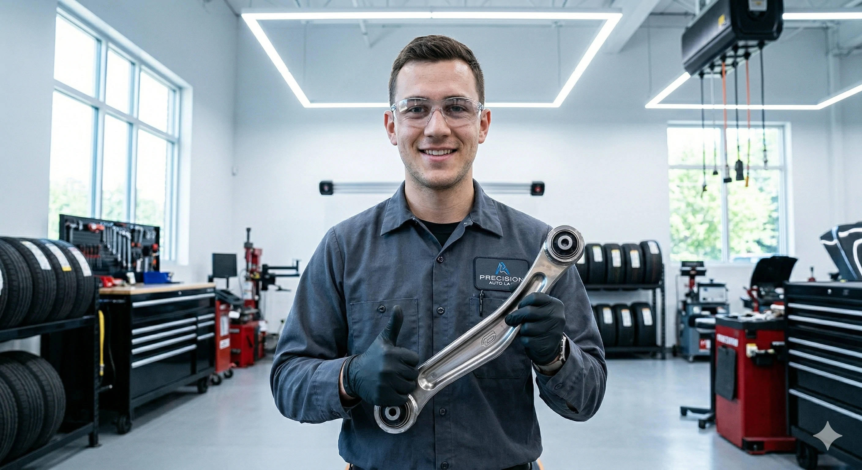 Smiling technician holding metal suspension arm giving thumbs up