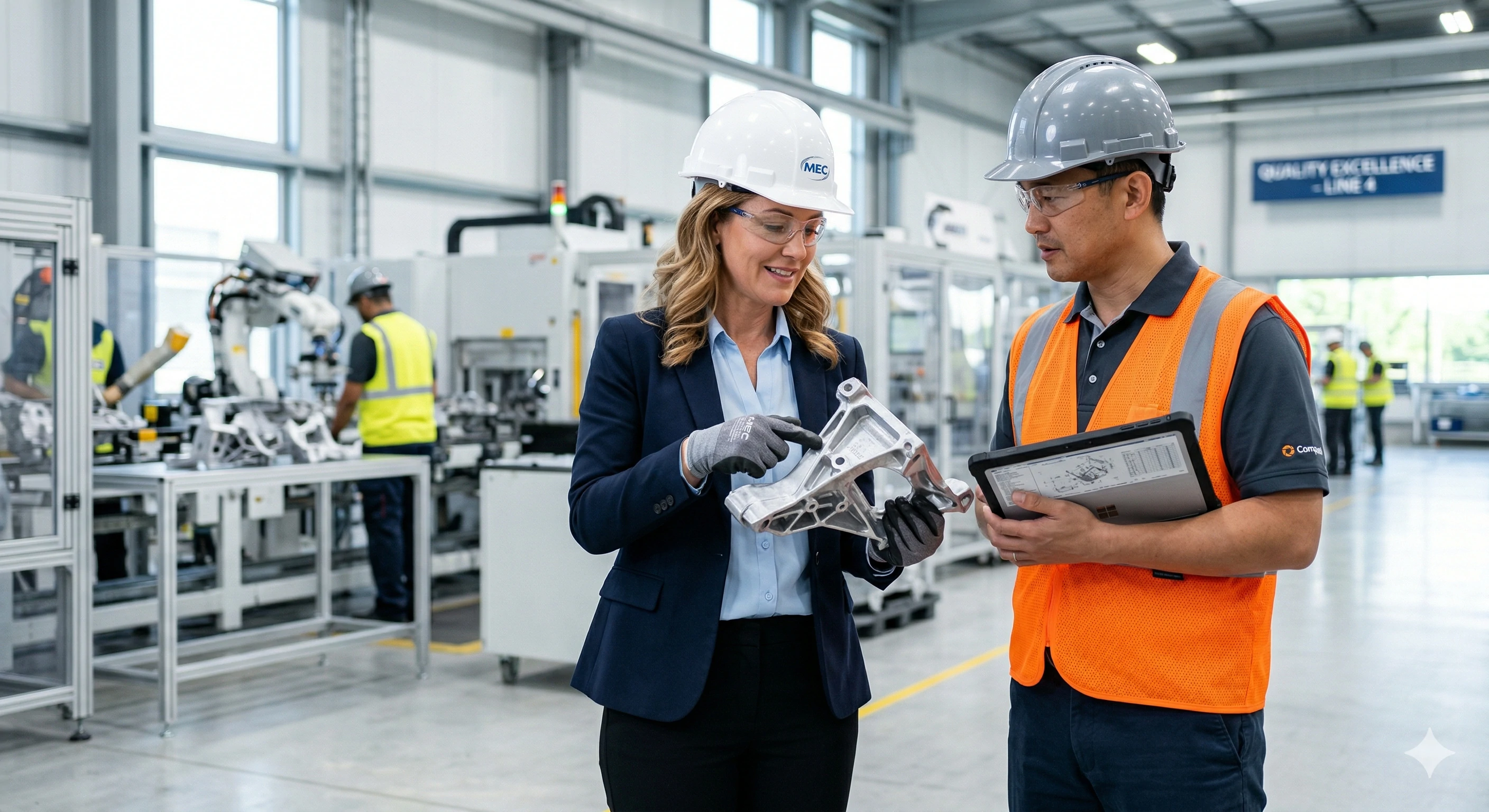Des ingénieurs inspectant une pièce métallique dans une usine moderne