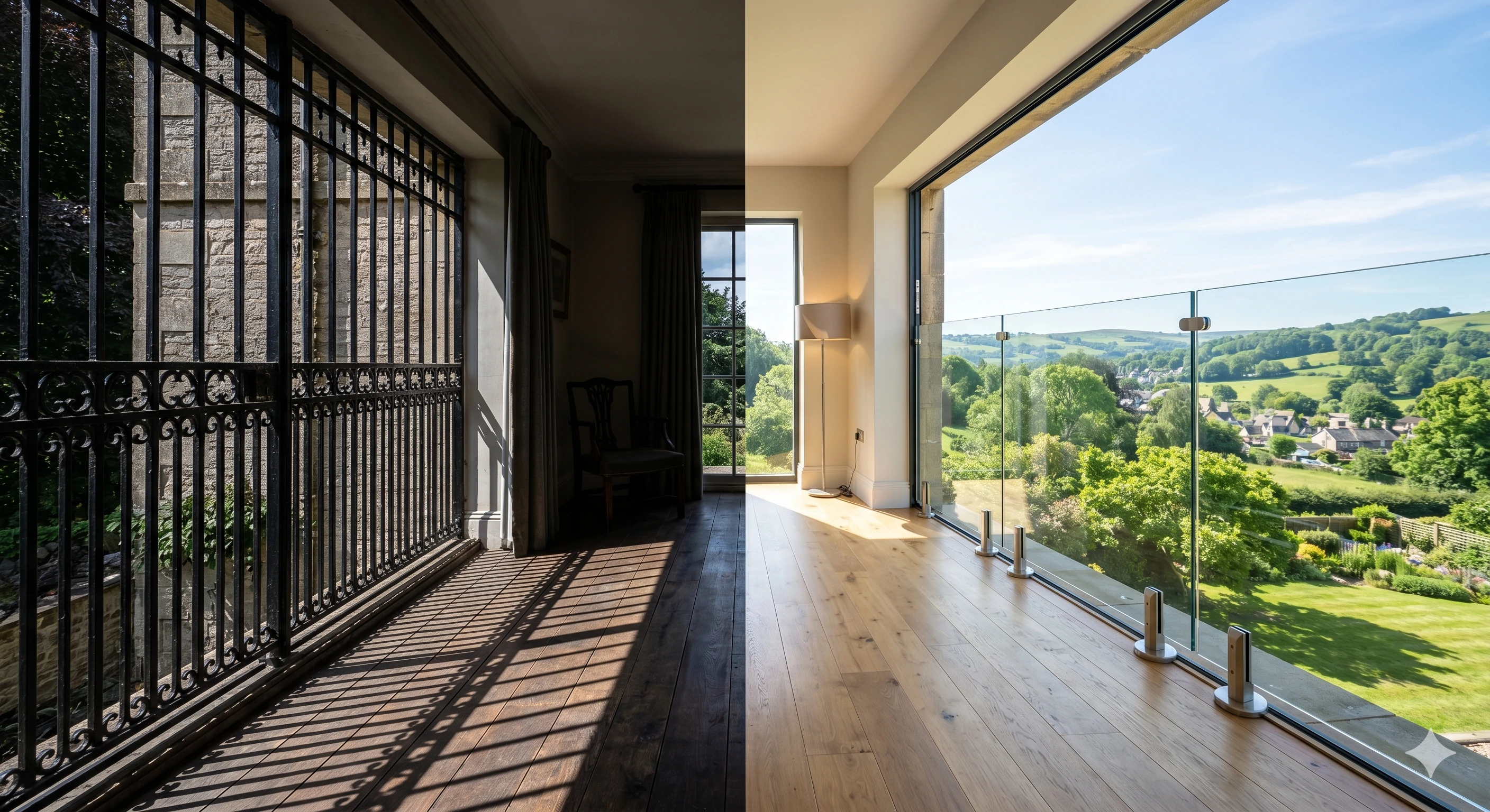 Balcony renovation replacing dark iron bars with modern glass balustrade