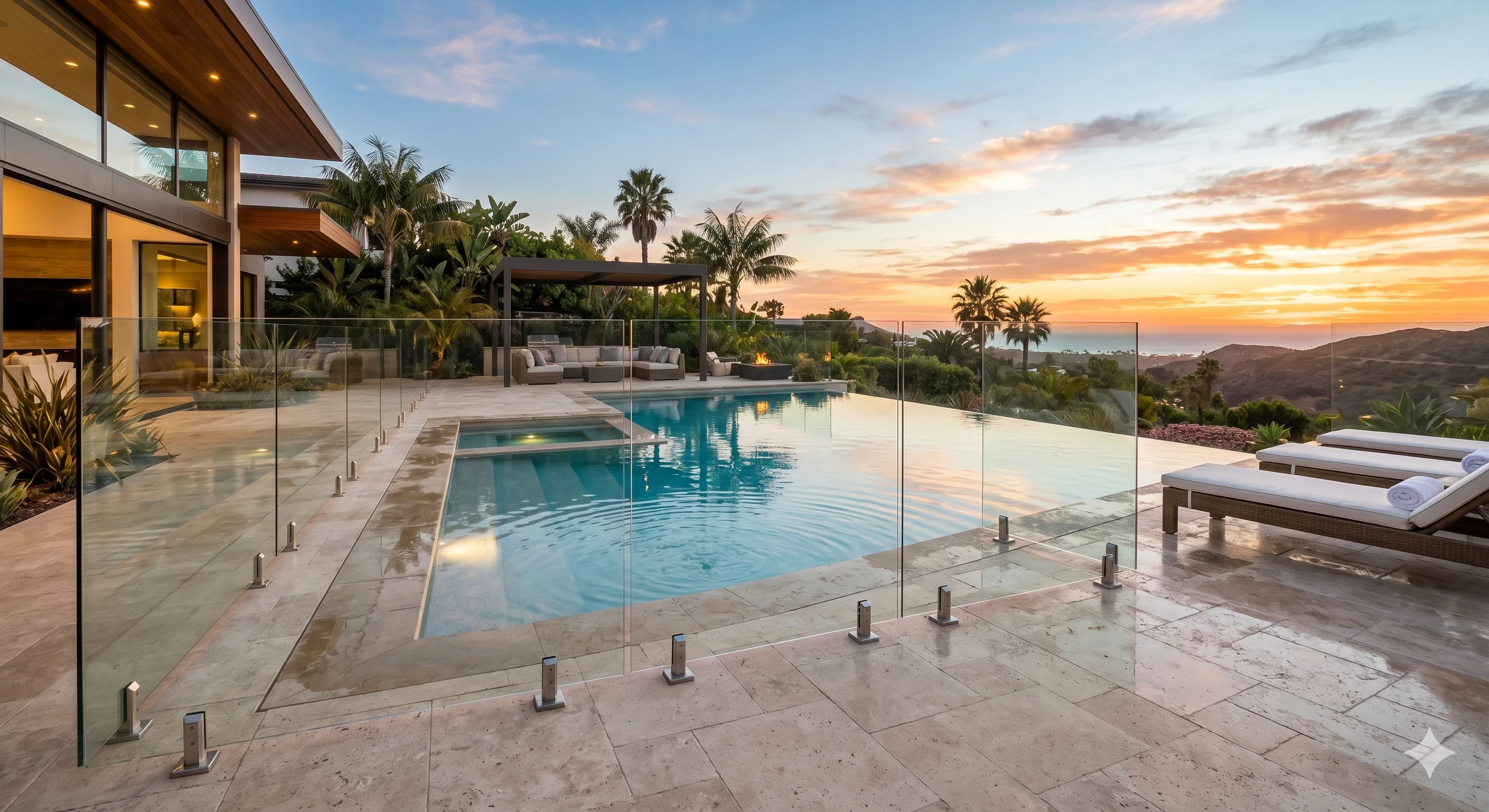 Luxury infinity pool with frameless glass fencing at sunset