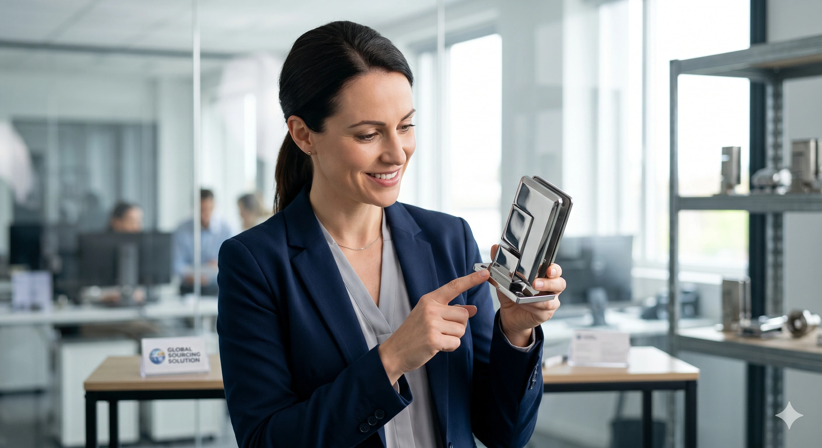 Woman inspecting polished stainless steel glass fence spigot in office